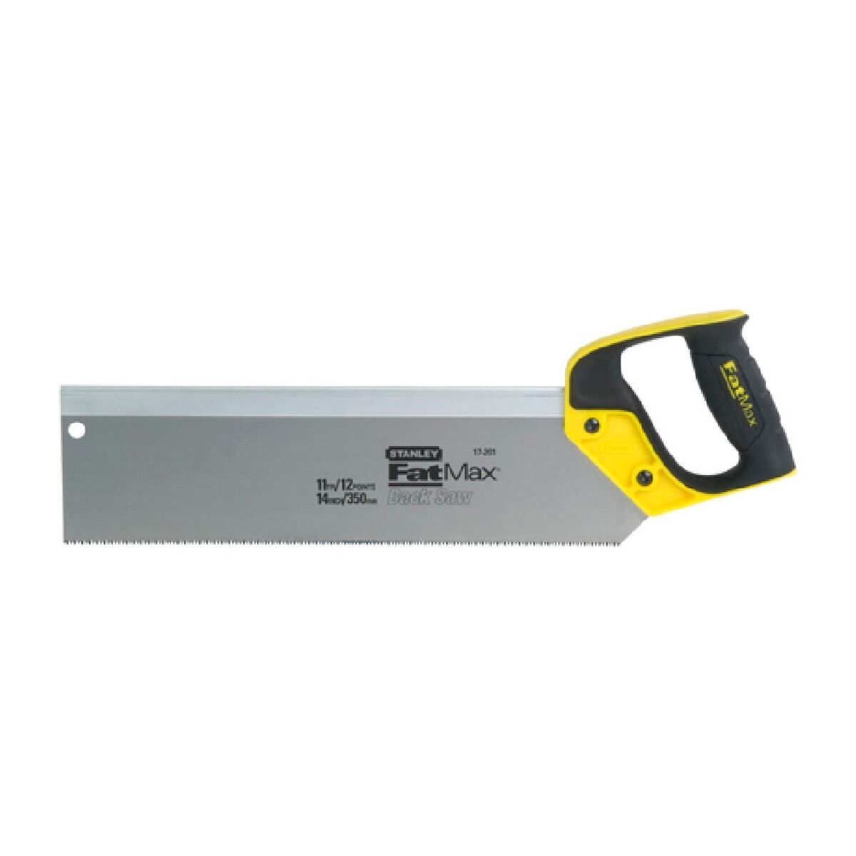 Eine Stanley FatMax Rückensäge mit schwarzem und gelbem Griff vor weißem Hintergrund.