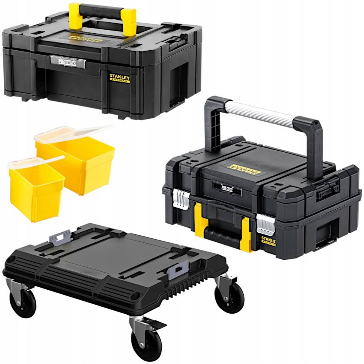 Set aus schwarzen Stanley FatMax Werkzeugkästen, gelben Behältern und einer Transportrolle auf weißem Grund.