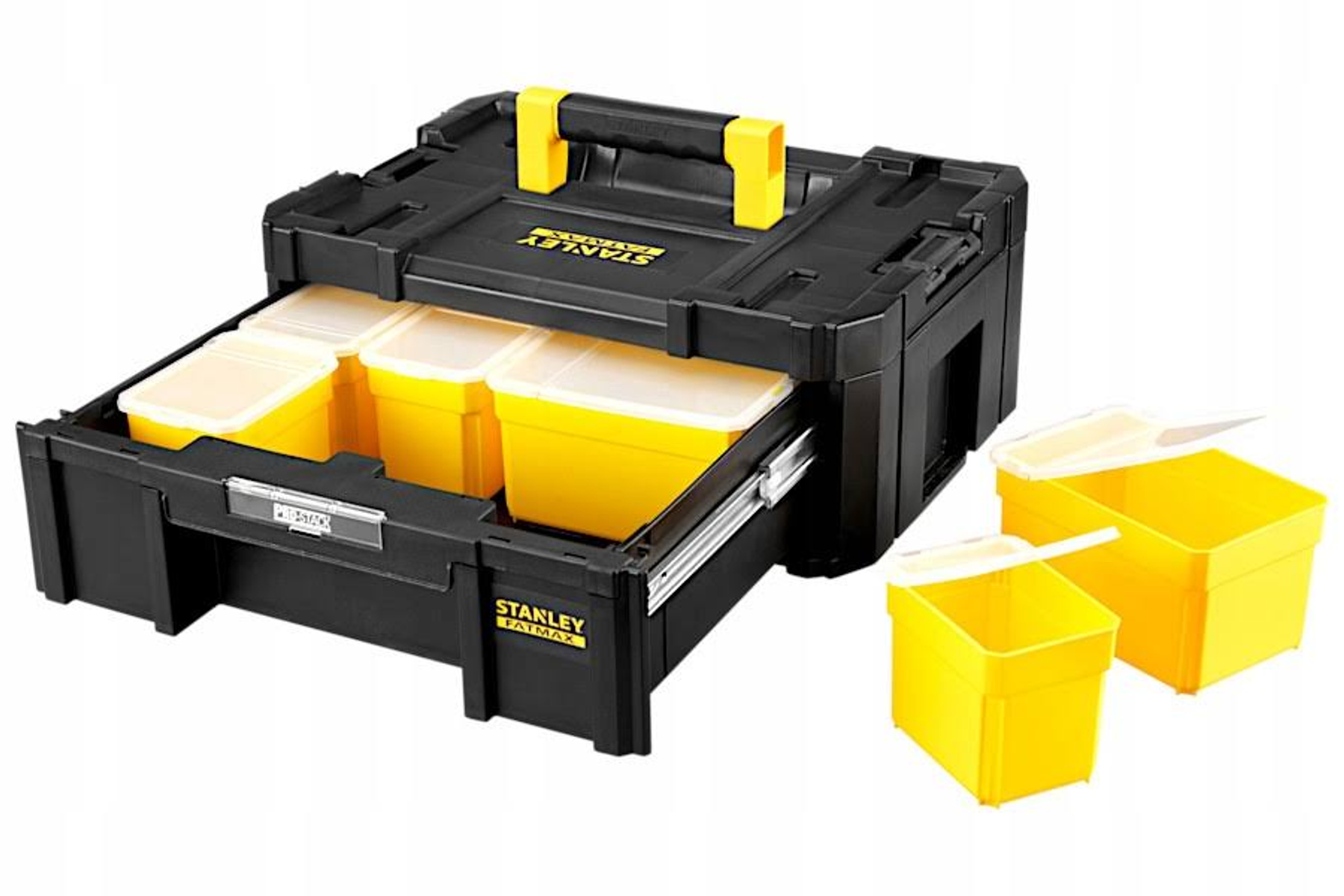 Ein schwarzer Werkzeugkasten mit offener Schublade und gelben Sortierboxen innen sowie zwei weiteren Boxen daneben.