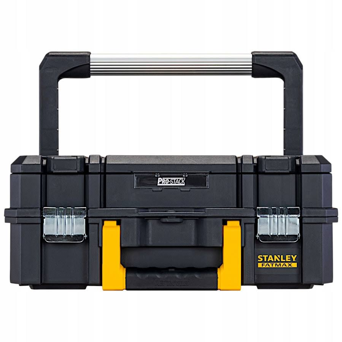 Ein schwarzer Stanley FatMax Pro-Stack Werkzeugkasten mit gelben Akzenten und silbernem Griff.