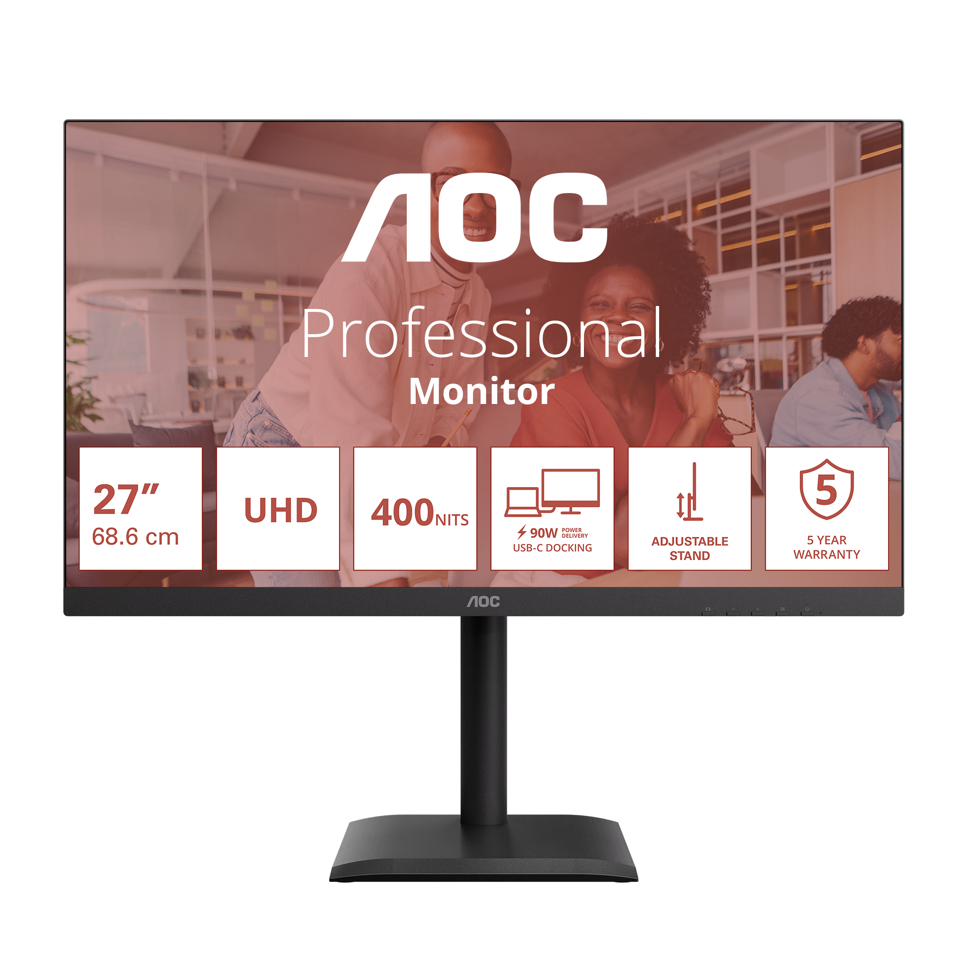 Profesjonalny monitor AOC 27 cali UHD z regulowaną podstawą i 5-letnią gwarancją na rozmytym tle biurowym.