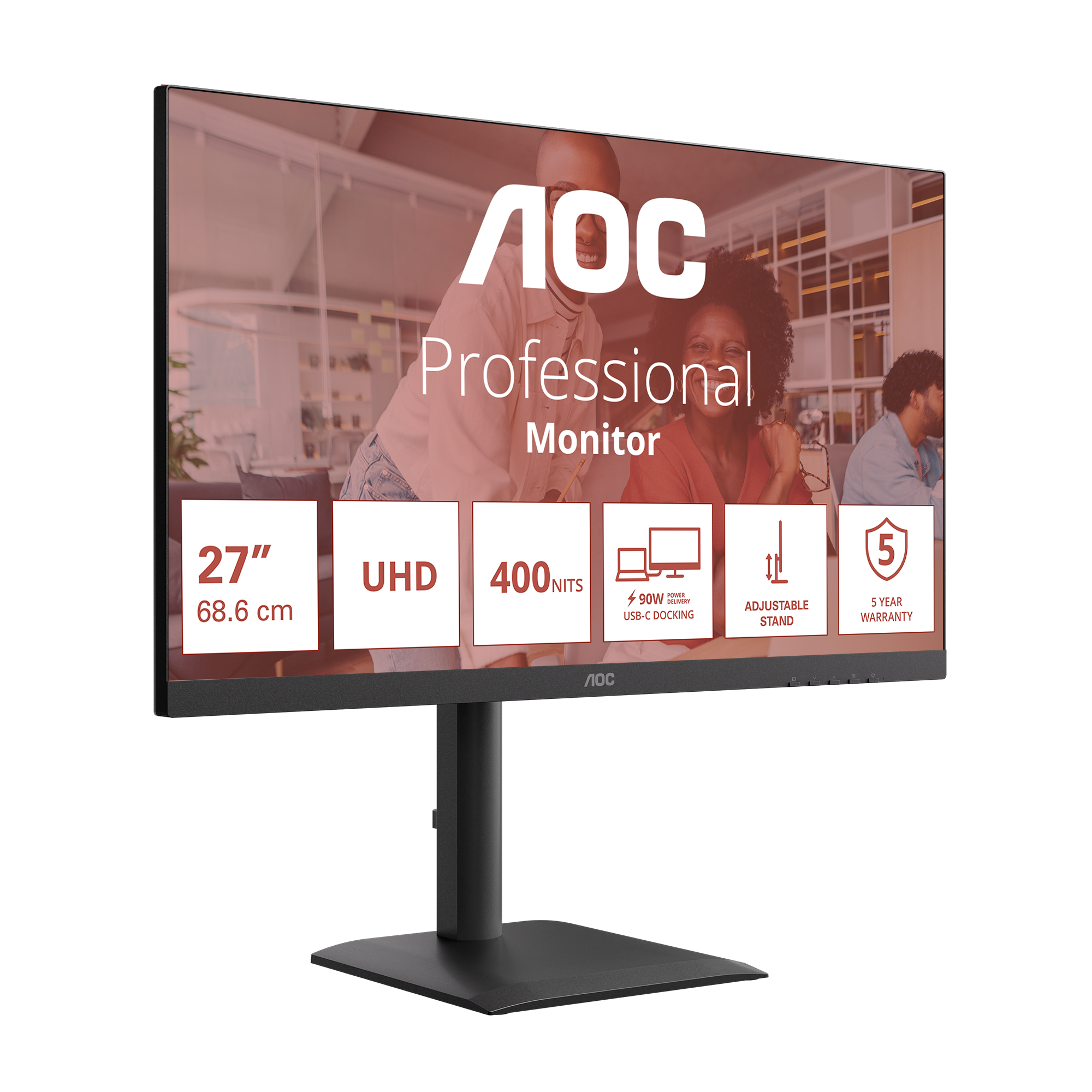 27-calowy monitor profesjonalny AOC z UHD, jasnością 400 nitów, stacją dokującą USB-C i regulowaną podstawą.