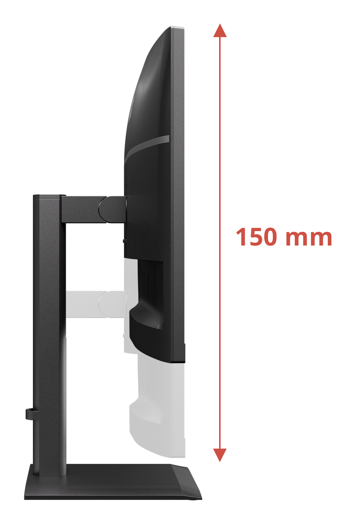 Widok z boku czarnego monitora na regulowanej podstawie z zakresem regulacji wysokości 150 mm.