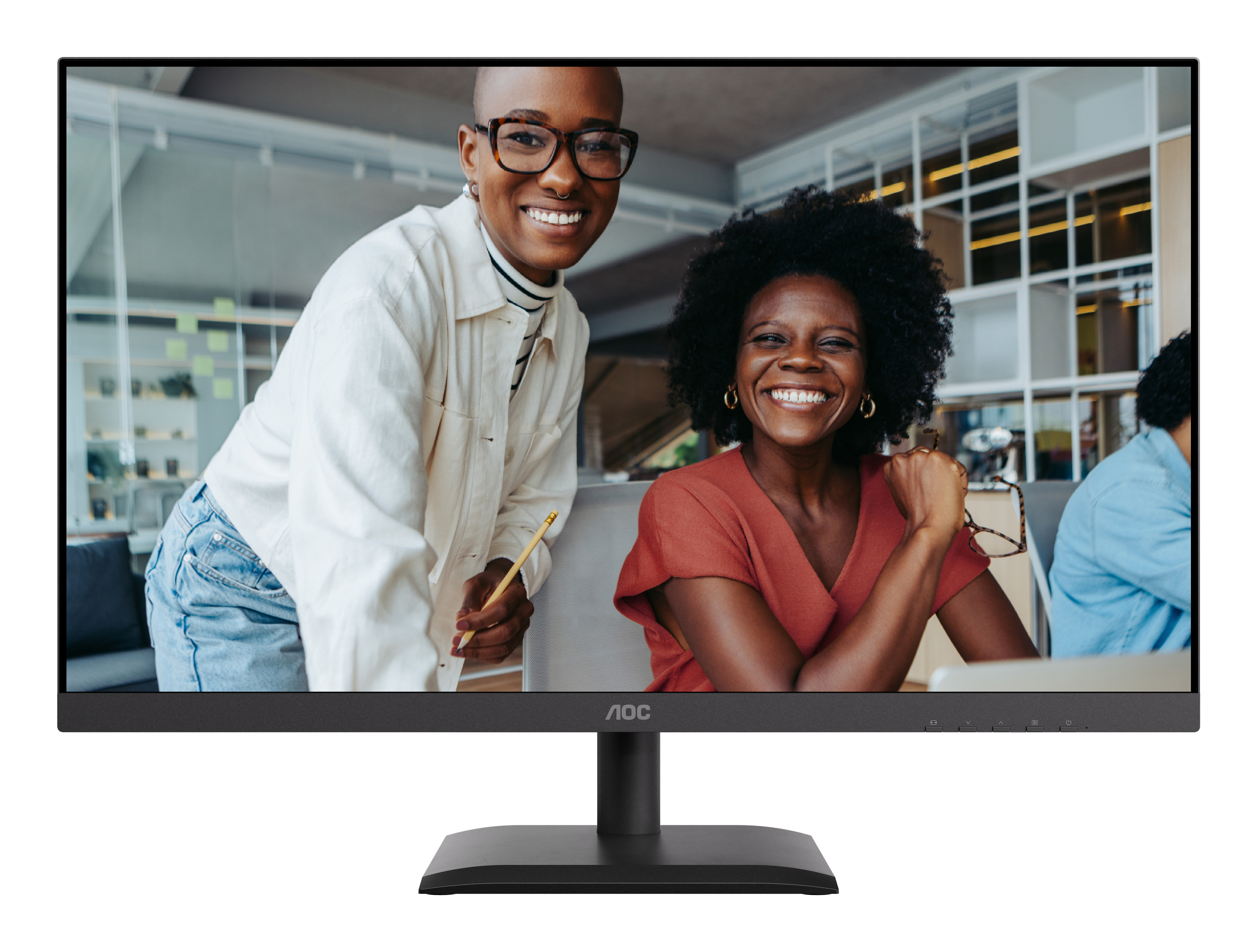 Dwie uśmiechnięte kobiety w nowoczesnym biurze pracujące przed monitorem AOC.