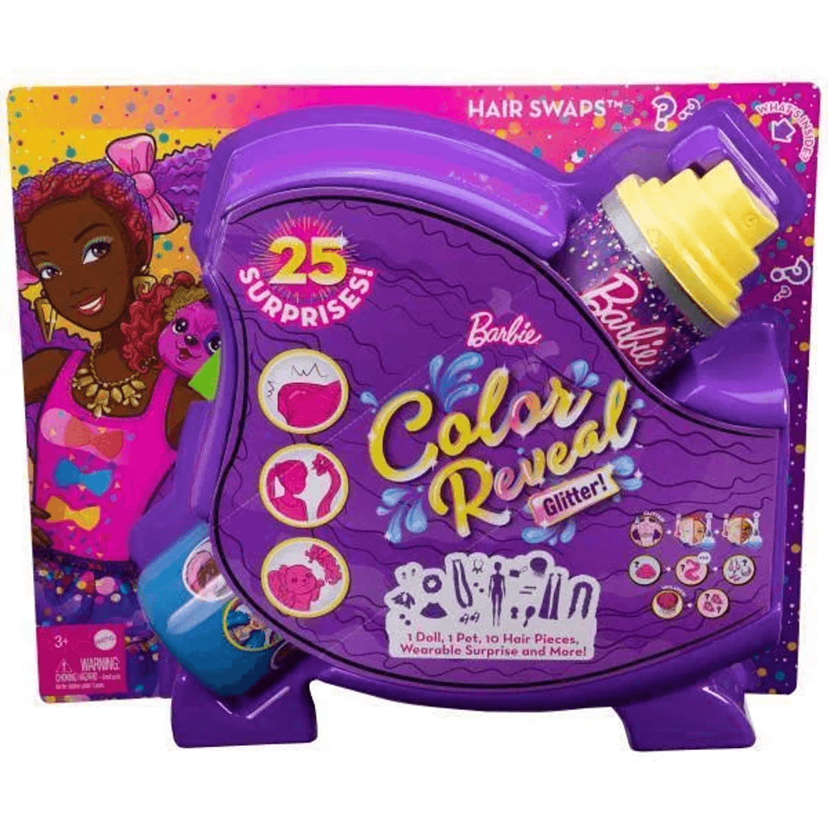 Set bambola Barbie Color Reveal Glitter in contenitore viola con 25 sorprese.
