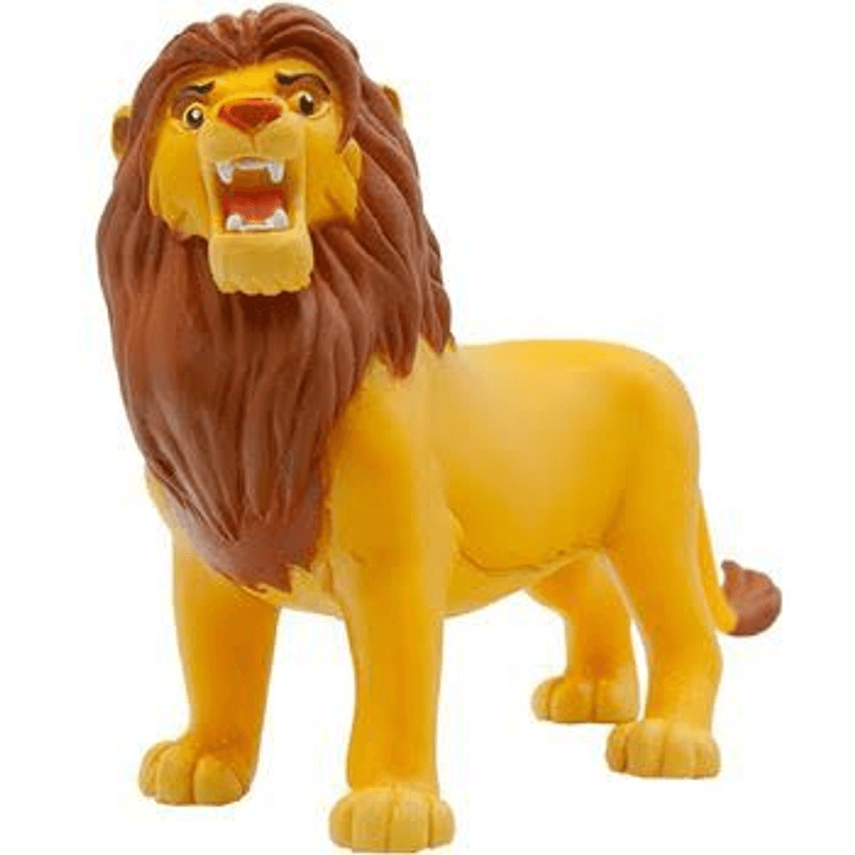 Eine Spielzeugfigur eines brüllenden Löwen mit brauner Mähne und gelbem Körper auf weißem Hintergrund.