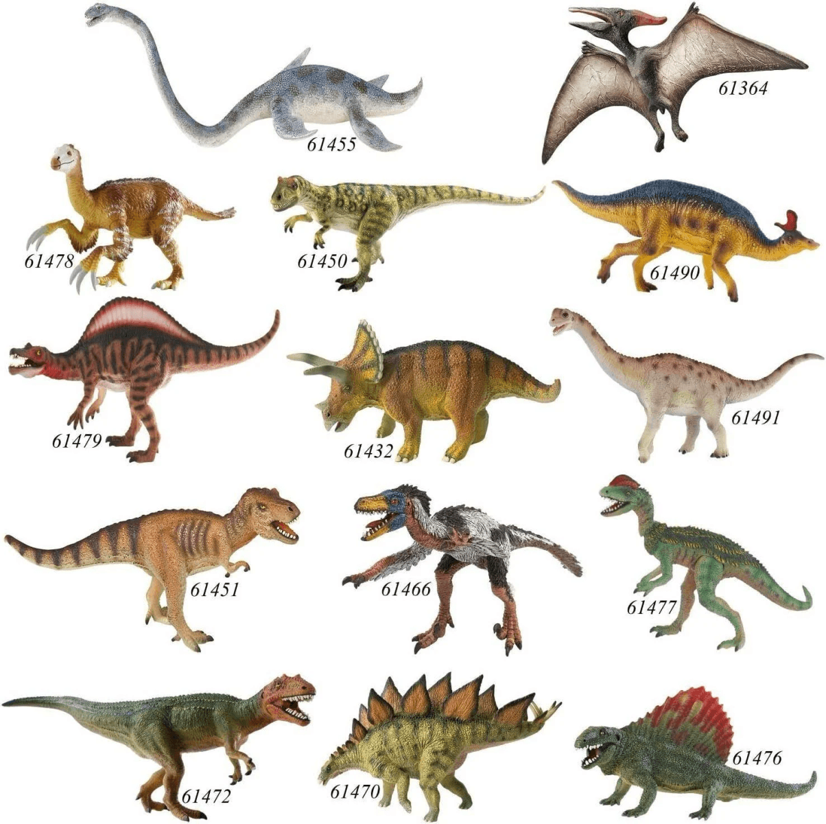 Una colección de catorce coloridas figuras de dinosaurios etiquetadas con números.