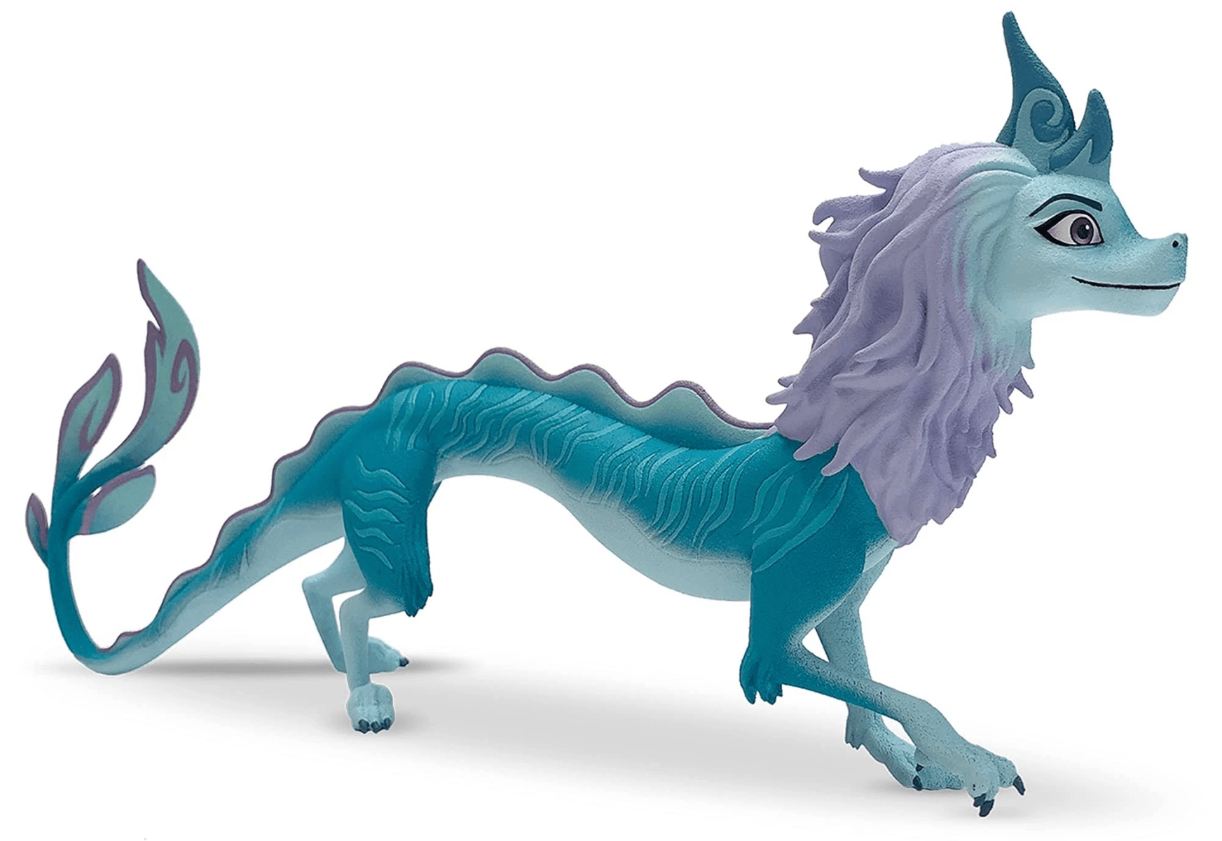 Eine blaue Drachenfigur mit langer lila Mähne und geschwungenem Schwanz vor weißem Hintergrund.