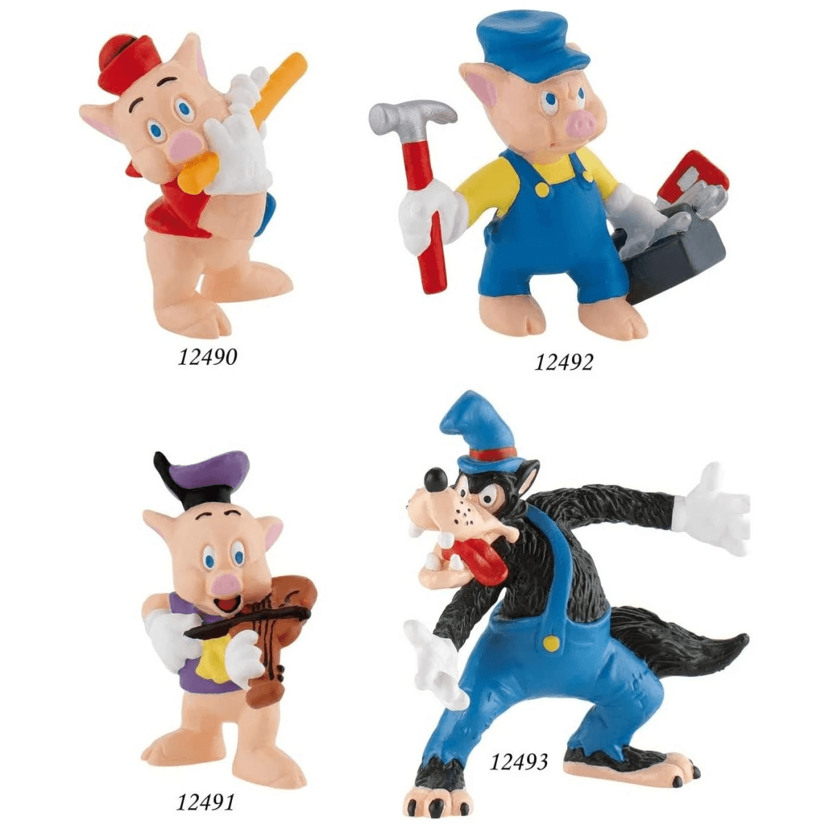 Vier Figuren: drei Schweinchen mit Instrument und Werkzeug sowie ein Wolf in blauer Latzhose.