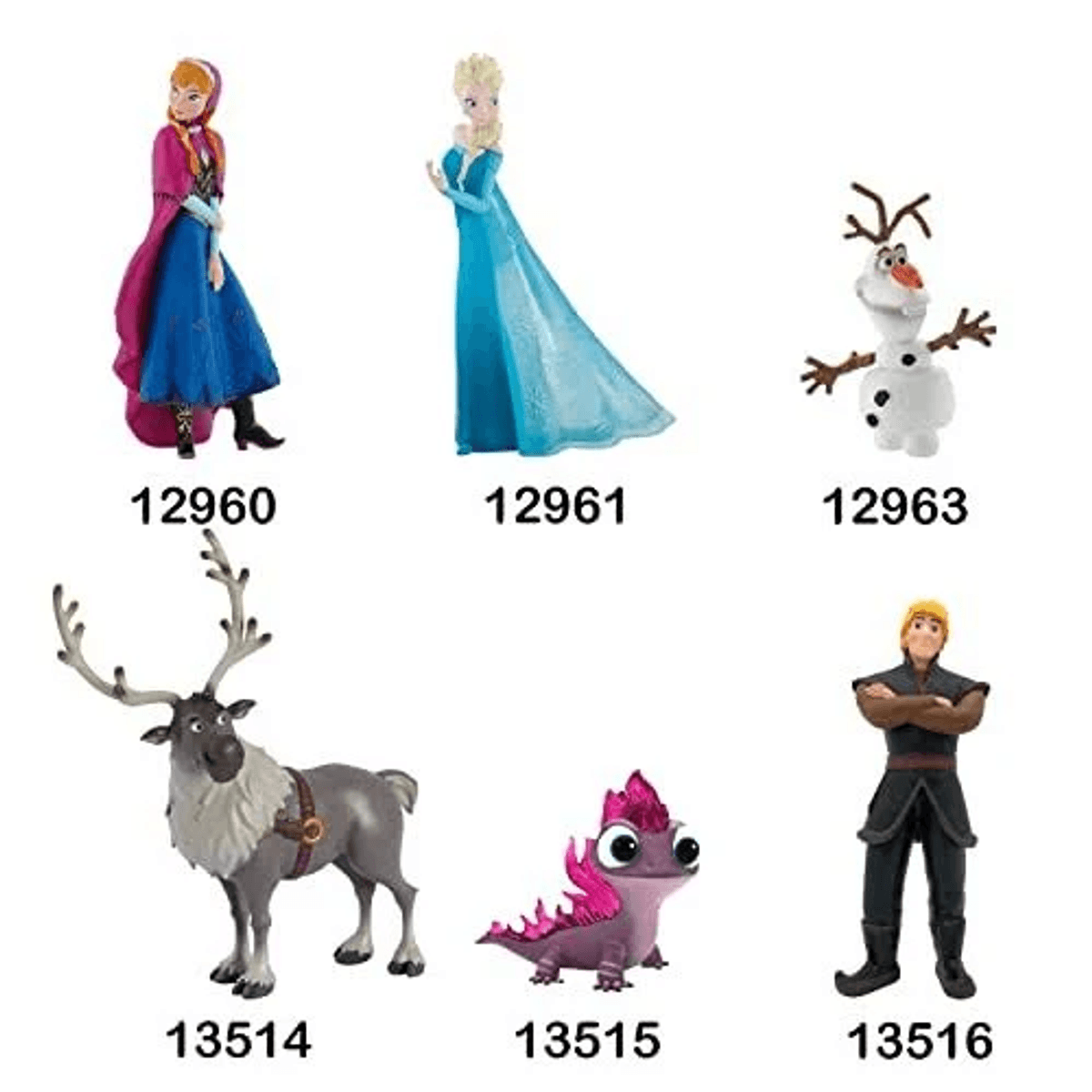 Seis figuras de personajes de Frozen sobre fondo blanco.