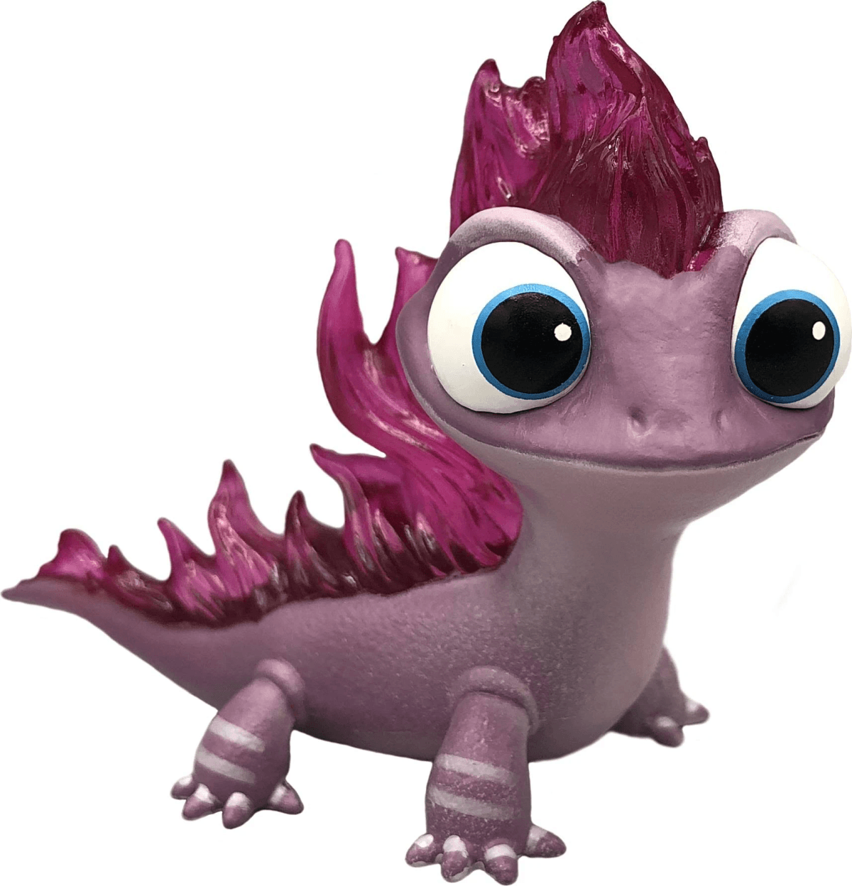 Una pequeña figura de salamandra morada con grandes ojos azules y una cresta dorsal rosa brillante sobre fondo blanco.