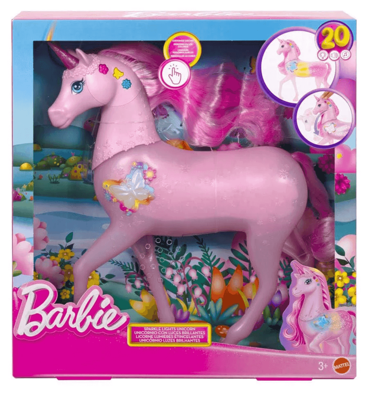 Ein Barbie Sparkle Lights Einhorn-Spielzeug in rosa Verpackung mit rosa Mähne, Horn und Blumenmotiven.