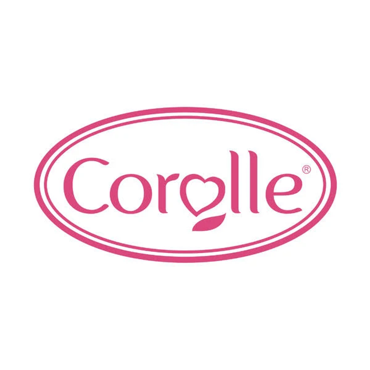 Das rosa Corolle-Logo zeigt den Markennamen in einem doppelt umrandeten Oval, wobei ein Herz das o ersetzt.