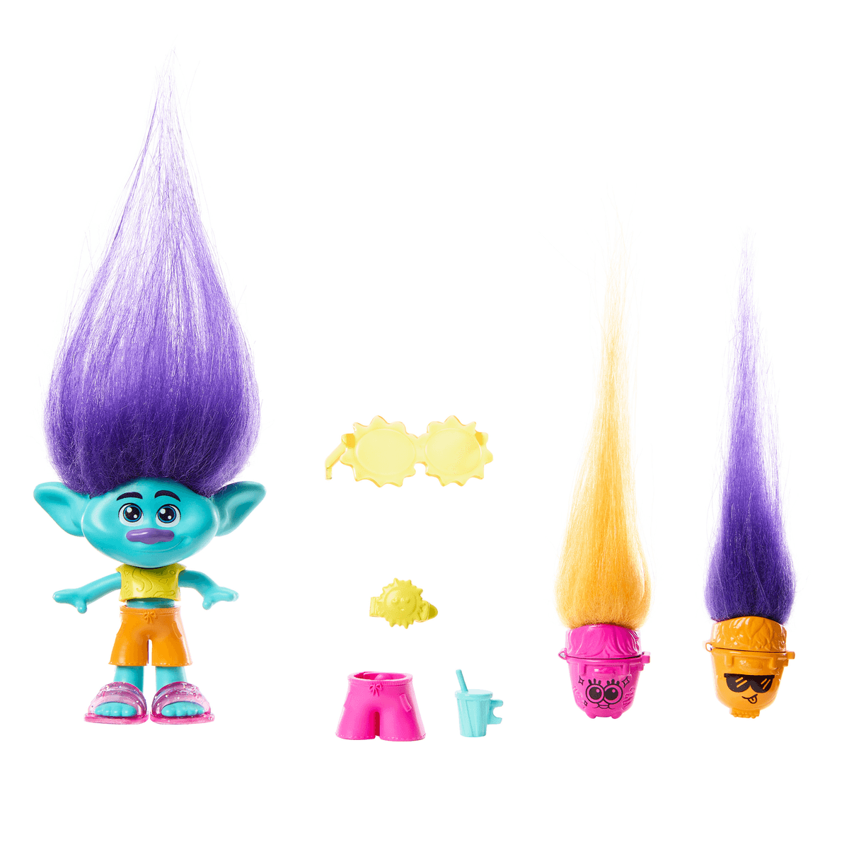 Blaue Troll-Puppe mit hohen lila Haaren, Sonnenbrille, Kleidung und zwei kleinen Figuren mit langen Haaren.