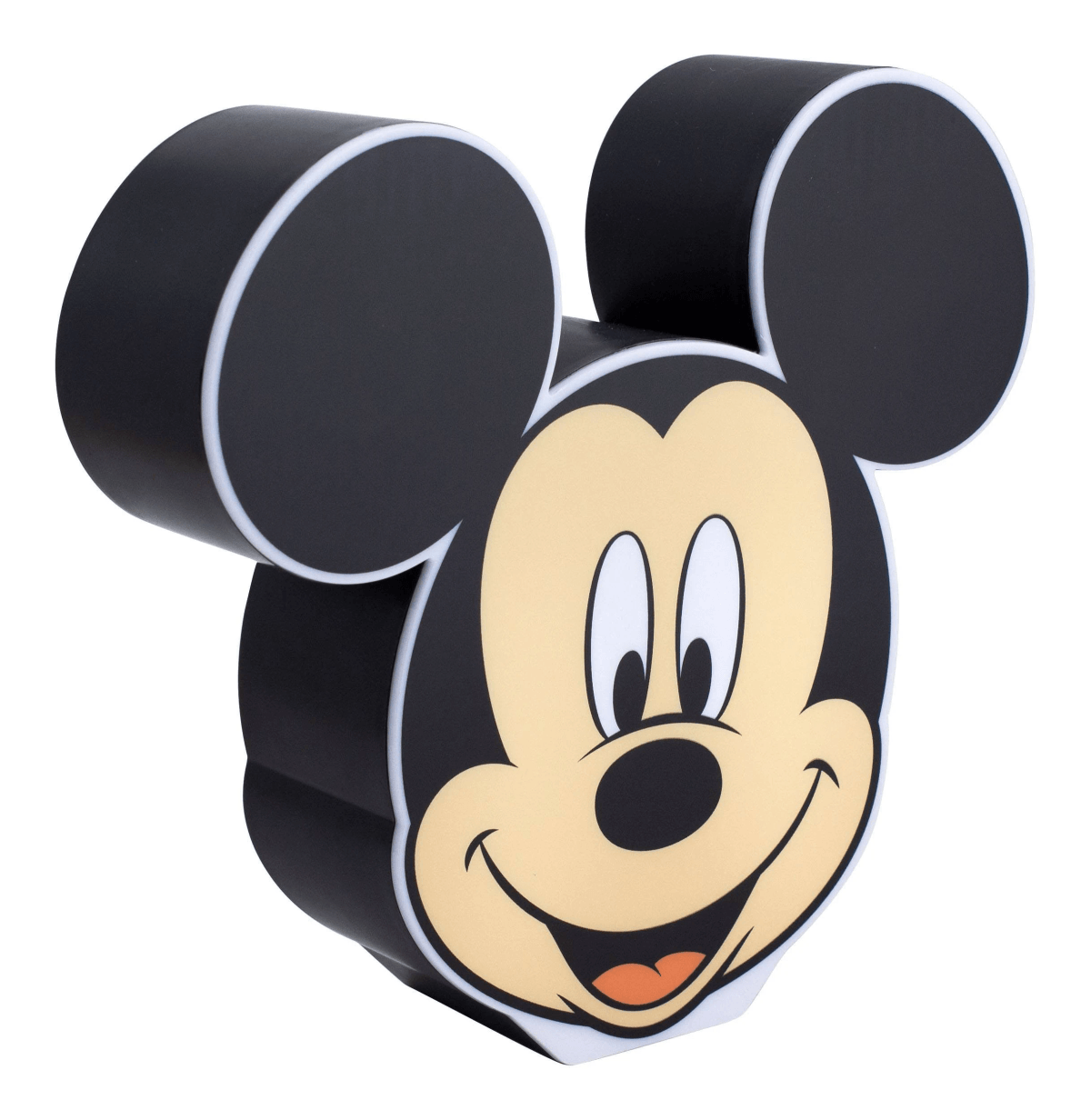 Eine schwarze Mickey-Mouse-Leuchte mit weißer Umrandung und beigem Gesicht auf weißem Hintergrund.