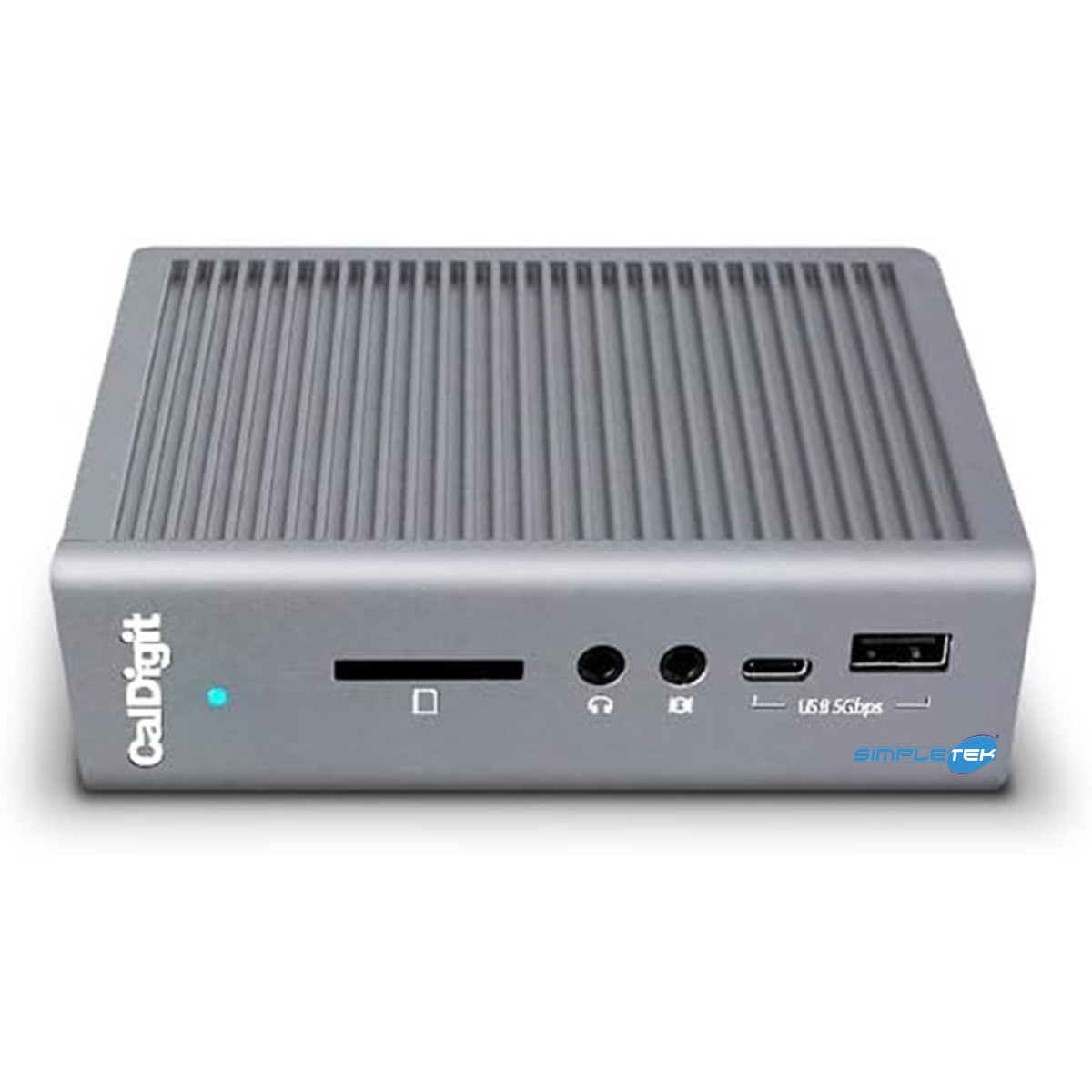 Docking station grigia CalDigit con parte superiore scanalata e porte anteriori.