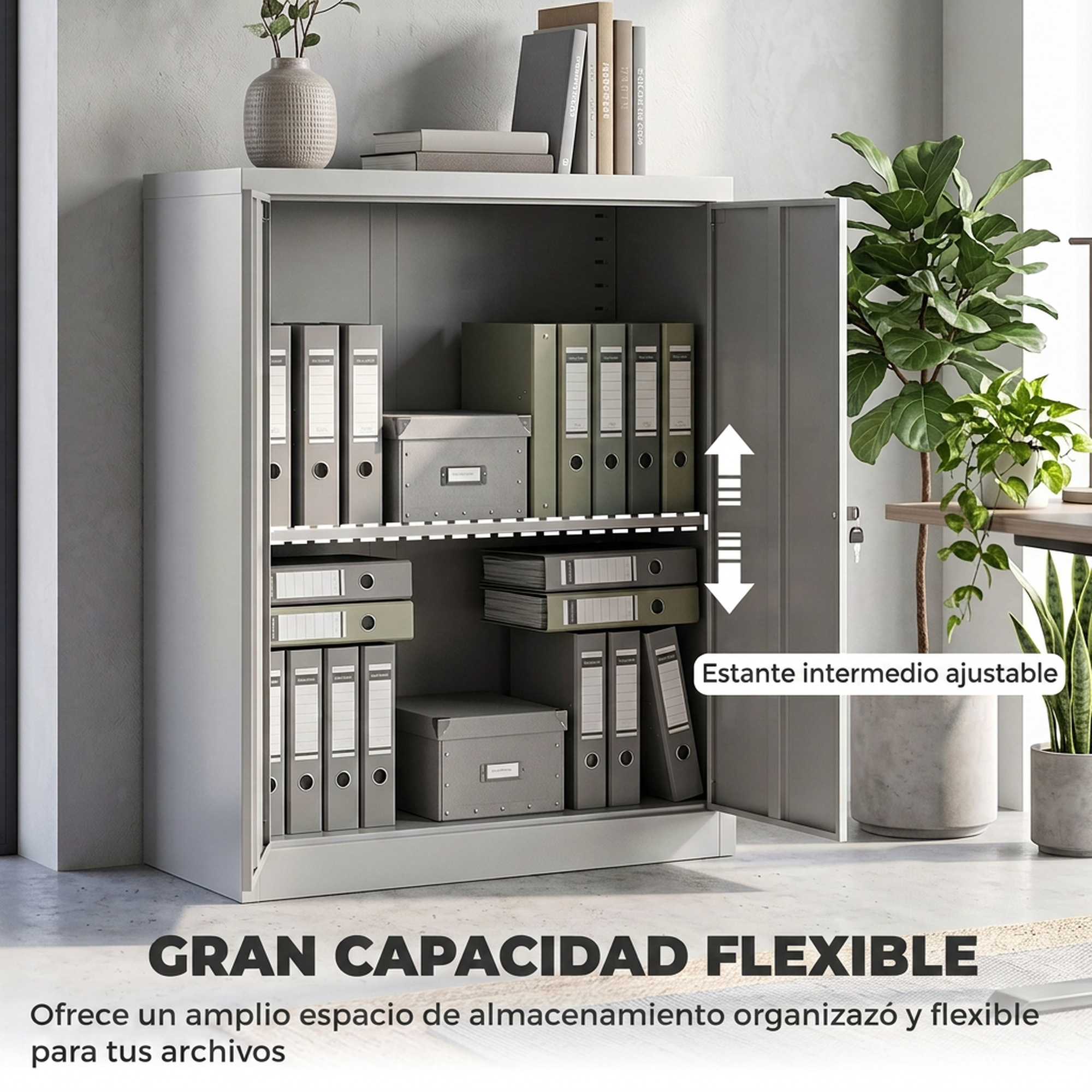 Armario metálico gris con estante ajustable y archivadores en una oficina moderna.