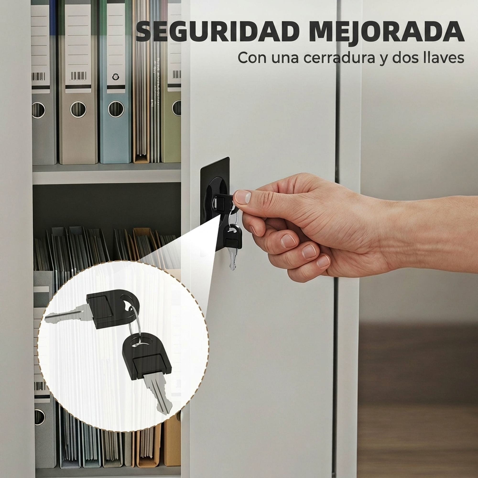 Mano cerrando un archivador blanco con una cerradura y dos llaves.