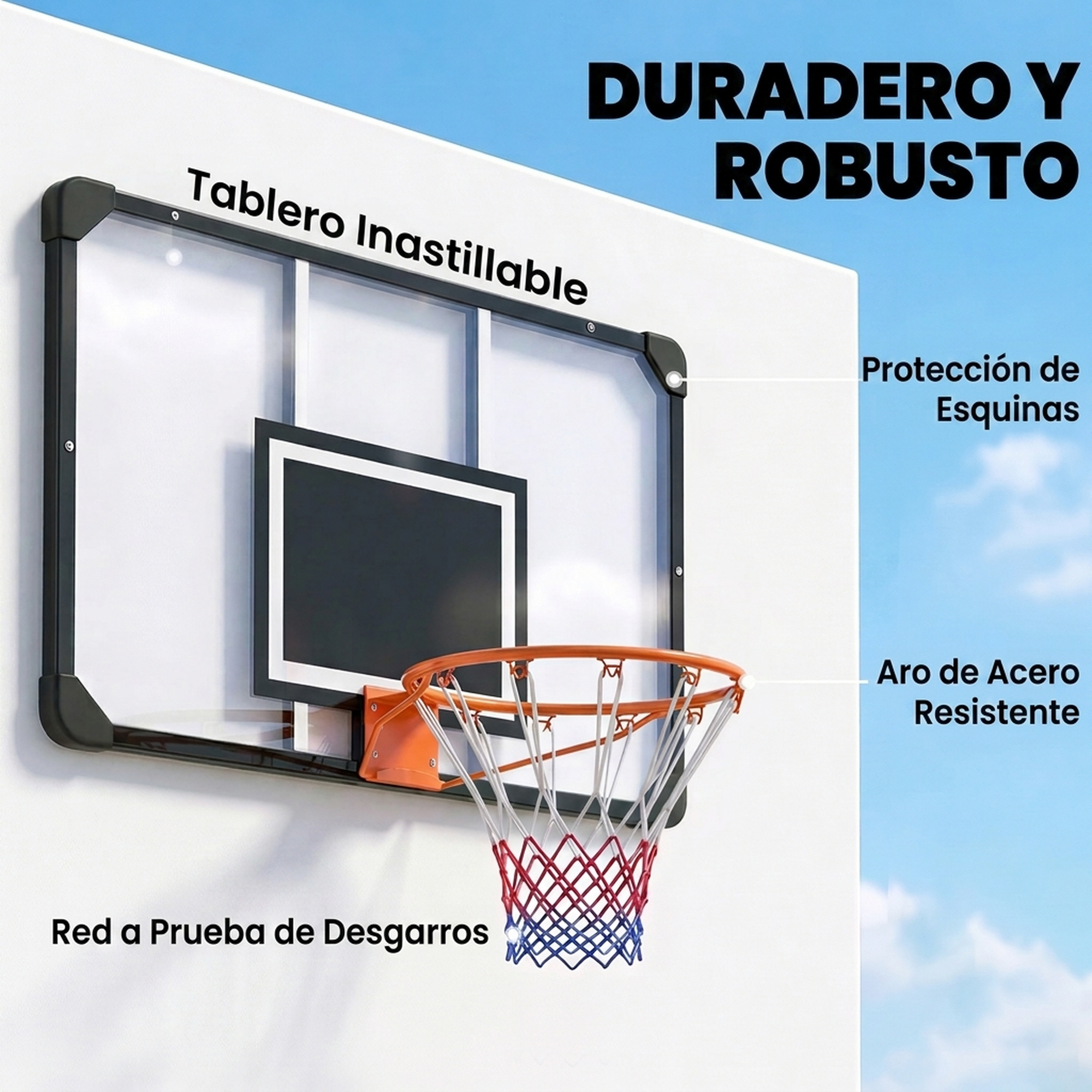 Una canasta de baloncesto montada en la pared con tablero transparente y aro naranja.