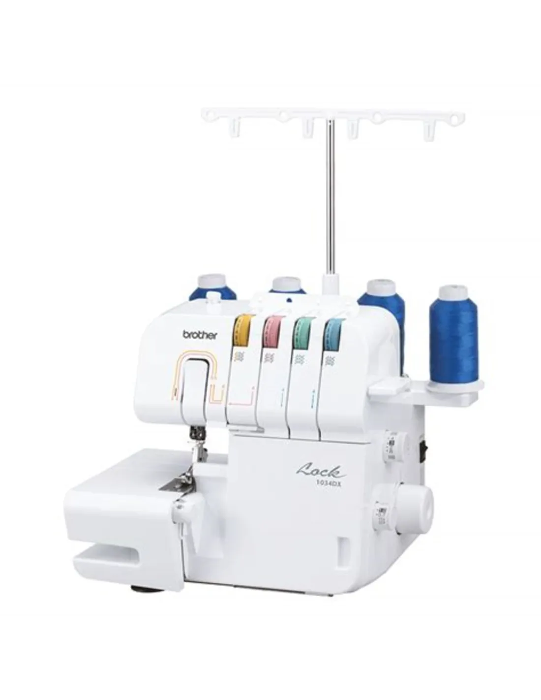 A white Brother overlock sewing machine with four blue spools of thread on a white surface.