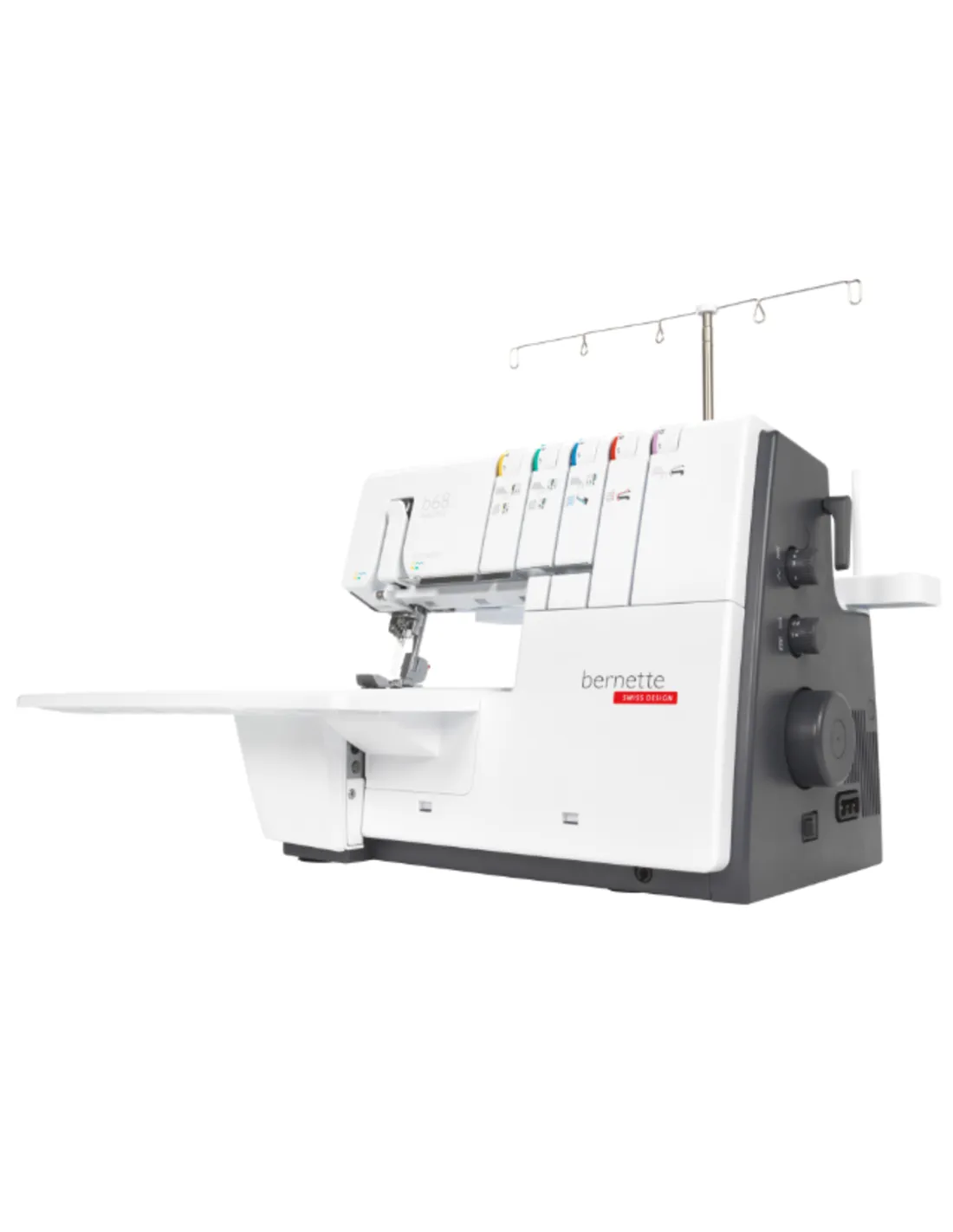 A white and dark grey Bernette overlock sewing machine with an extended table and thread guide on a white background.