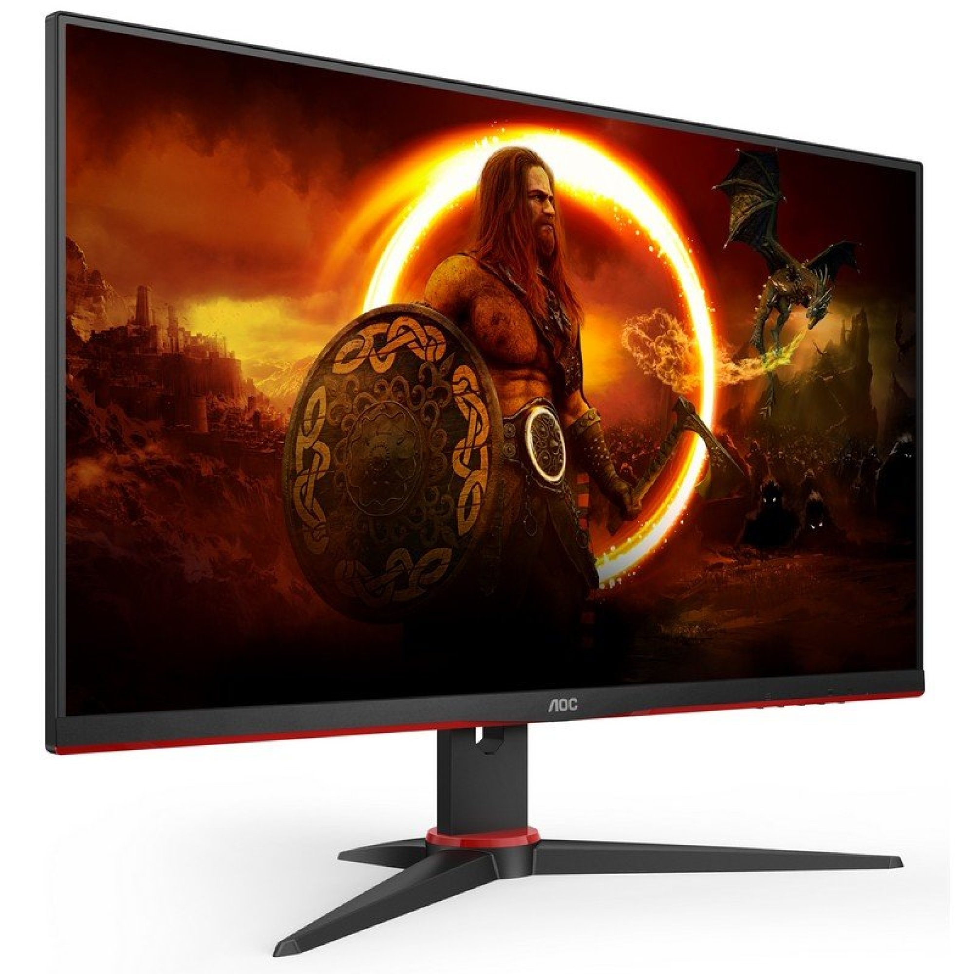 Zakrzywiony monitor gamingowy AOC wyświetla scenę fantasy z wojenownikiem z tarczą i smokiem w tle.
