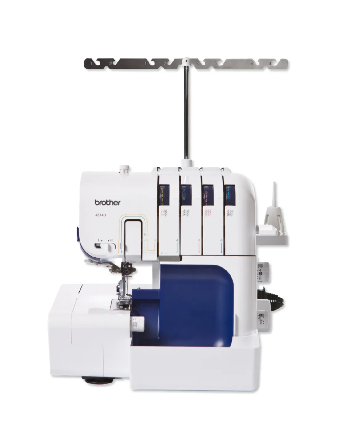 A white and blue Brother overlock sewing machine with an extended thread guide against a white background.