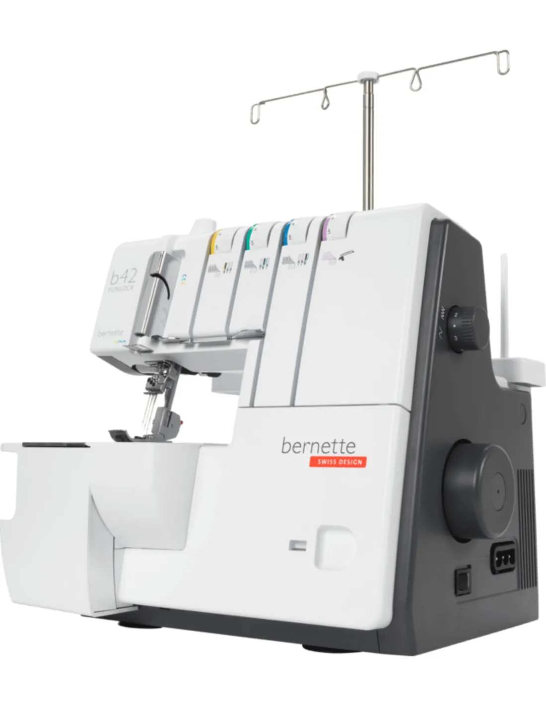 A modern white Bernette overlock sewing machine on a white background.