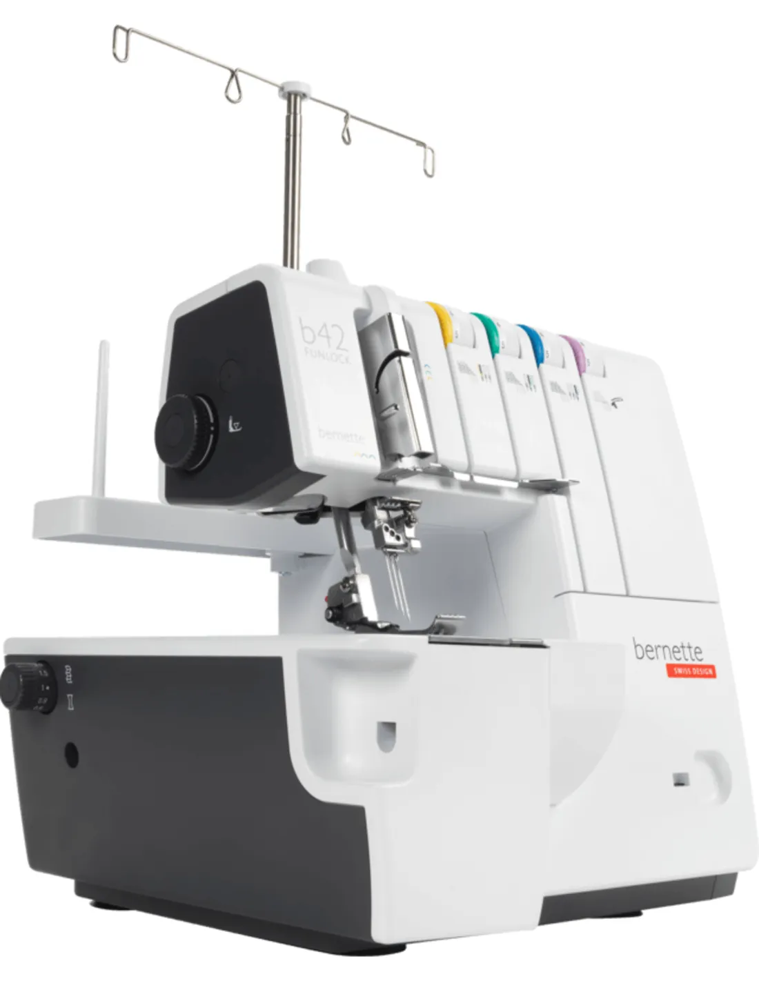 A white and black Bernette b42 Funlock coverstitch machine with a silver thread guide on top, on a white background.