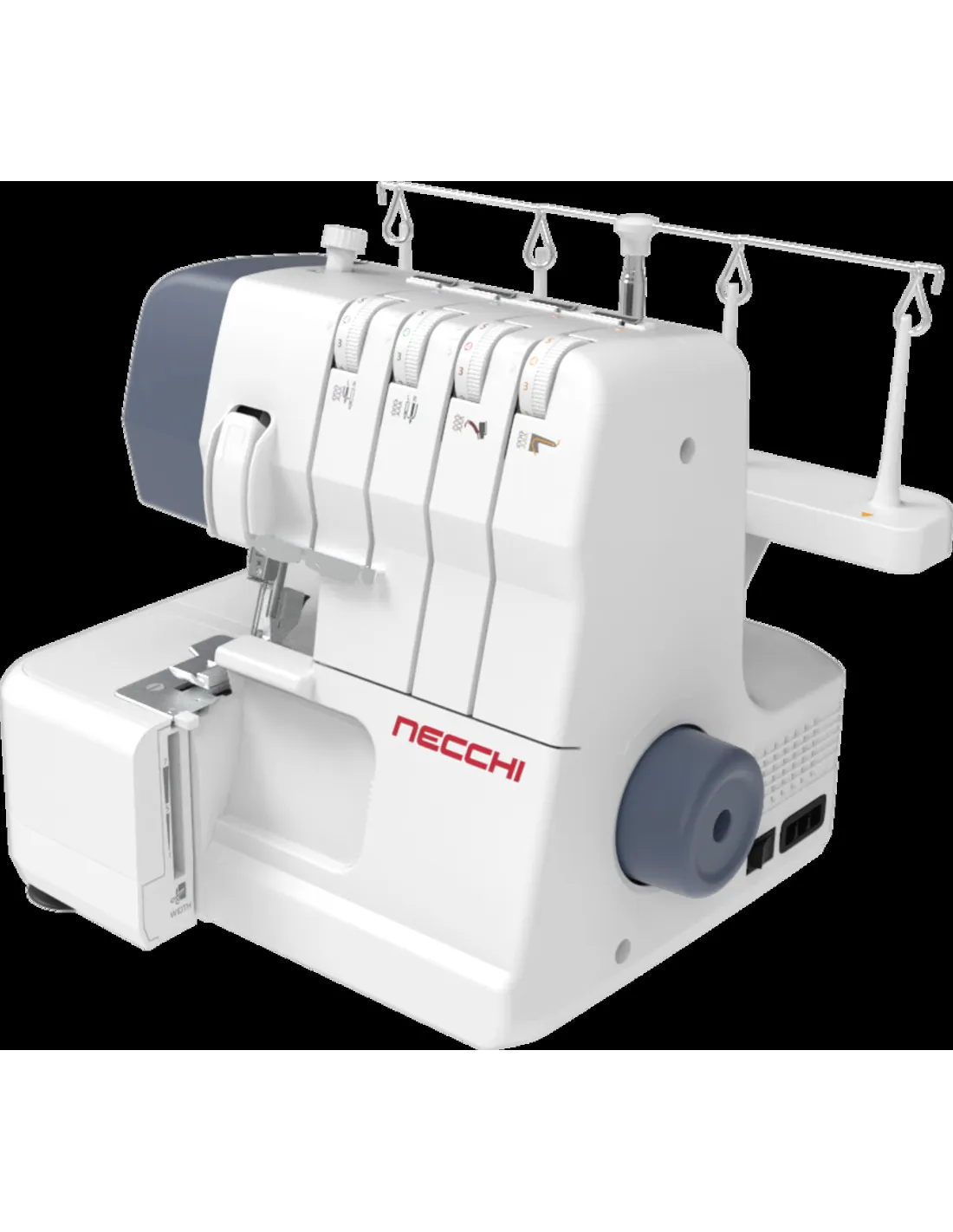 A white Necchi overlock sewing machine with four thread tension dials against a dark background.