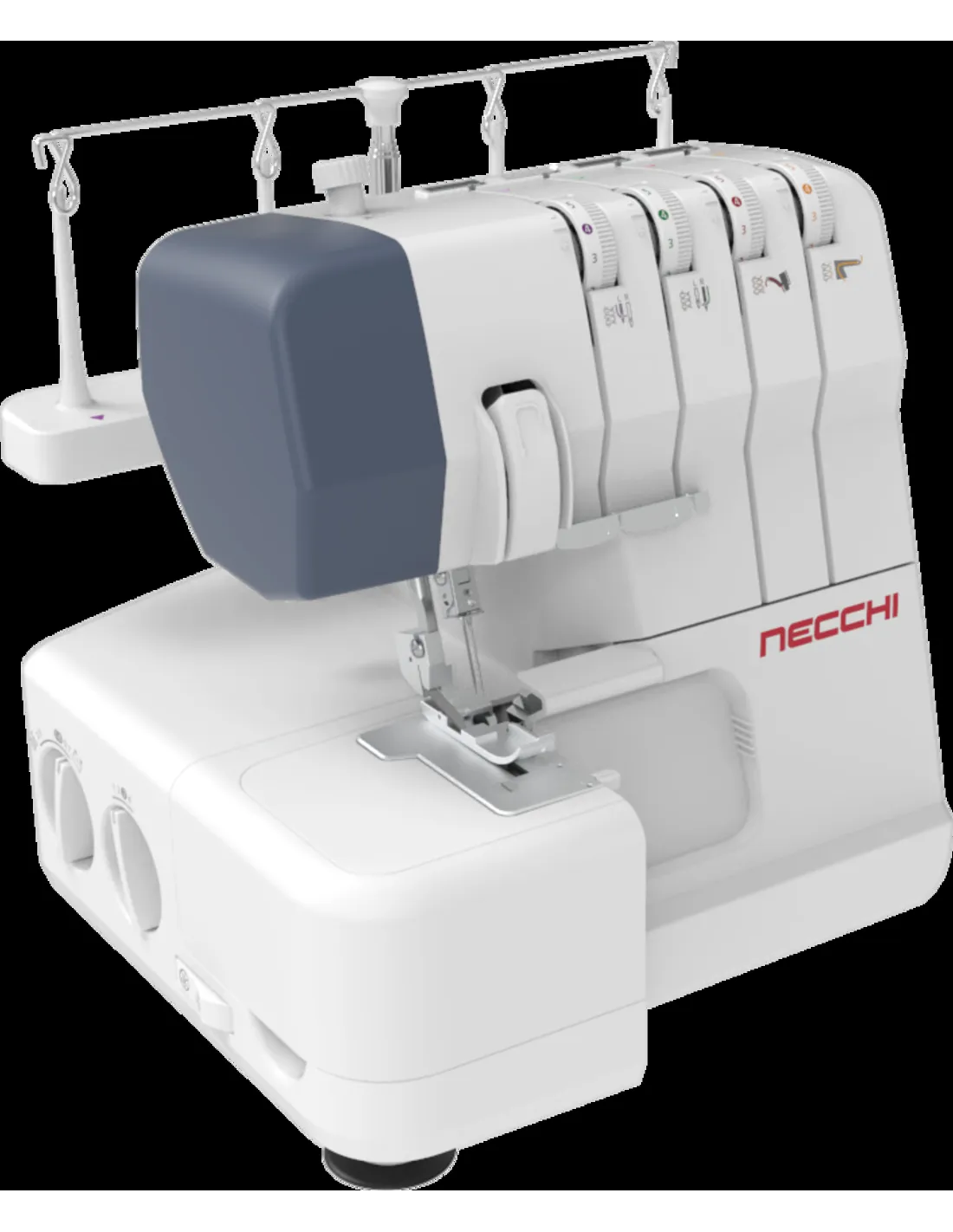 A white Necchi overlock sewing machine with a grey front cover, thread guides, and control dials against a black background.