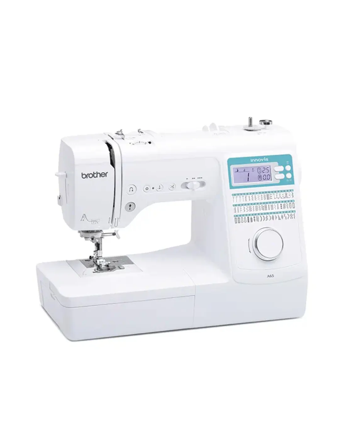 A white Brother Innov-is A65 sewing machine with a digital display on a white background.