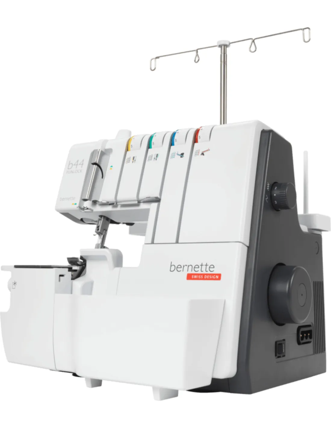 Eine weiße und graue Bernette b44 Overlock-Nähmaschine auf weißem Hintergrund.