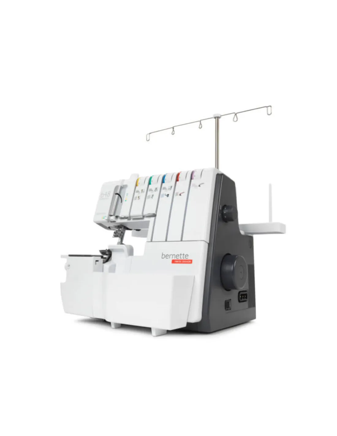 A white and grey Bernette overlock sewing machine on a white background.