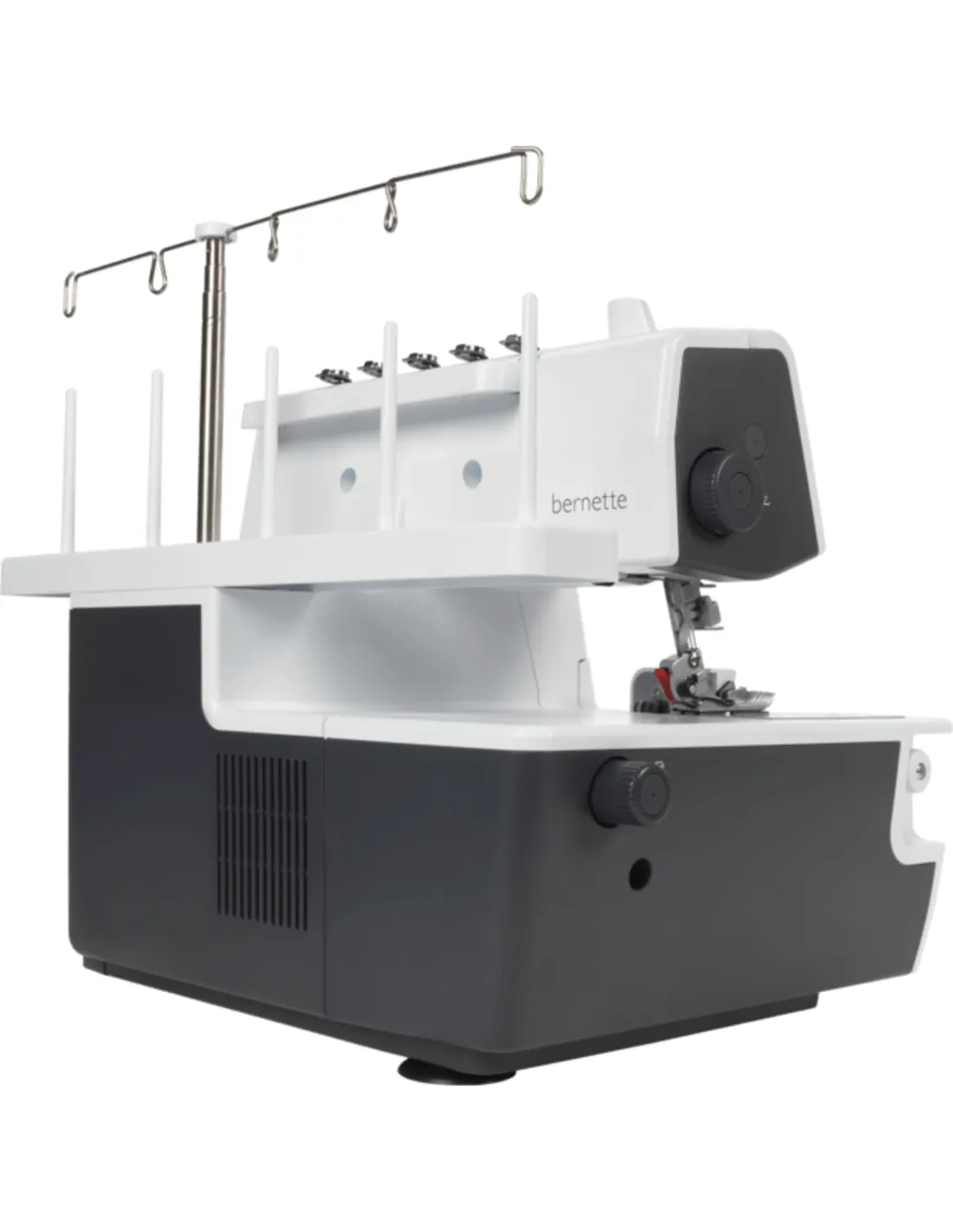 A white and dark grey Bernette overlock sewing machine with a thread stand against a white background.