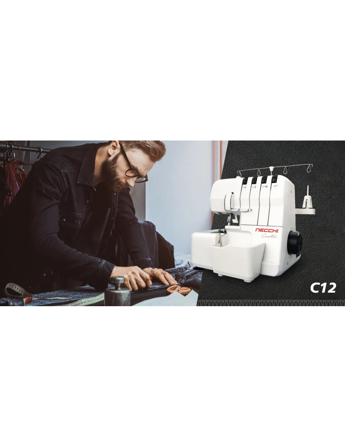 A bearded man in a black shirt working with fabric next to a white Necchi C12 serger sewing machine.