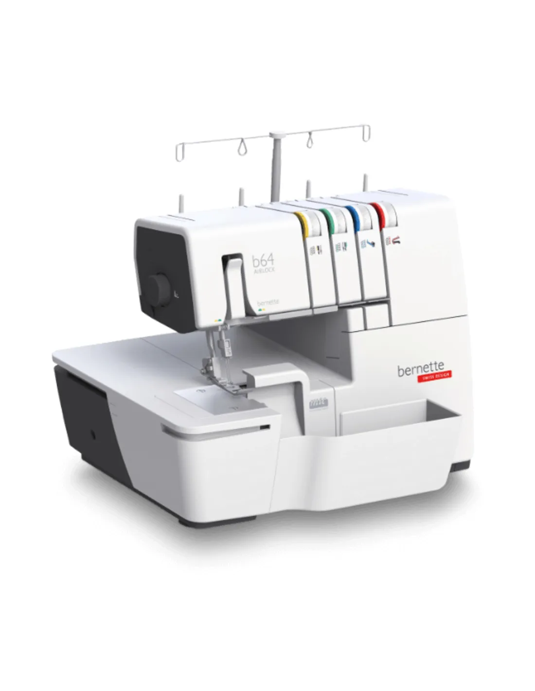 A white Bernette b64 serger sewing machine on a white background with a built-in waste bin and color-coded threading.