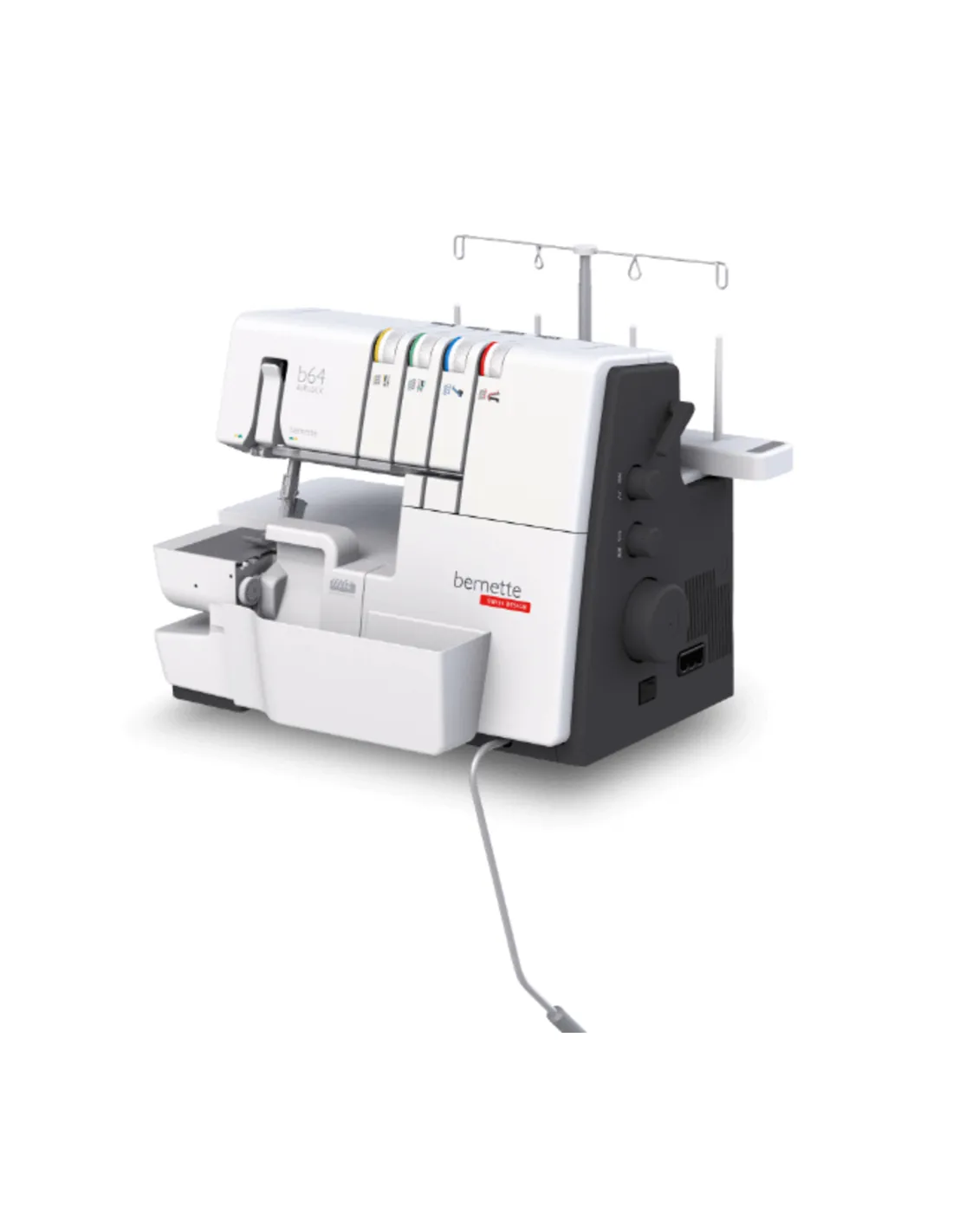 A white and dark grey Bernette overlock sewing machine stands against a white background.