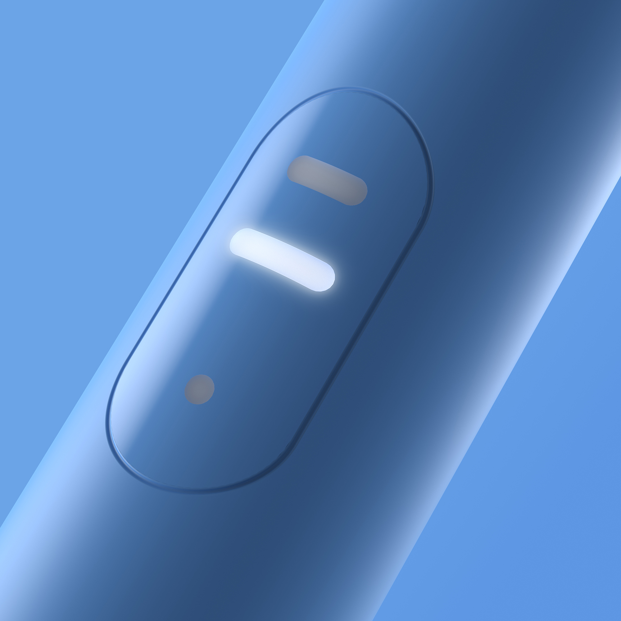 Primer plano de un dispositivo electrónico azul con un panel de visualización brillante sobre fondo azul.