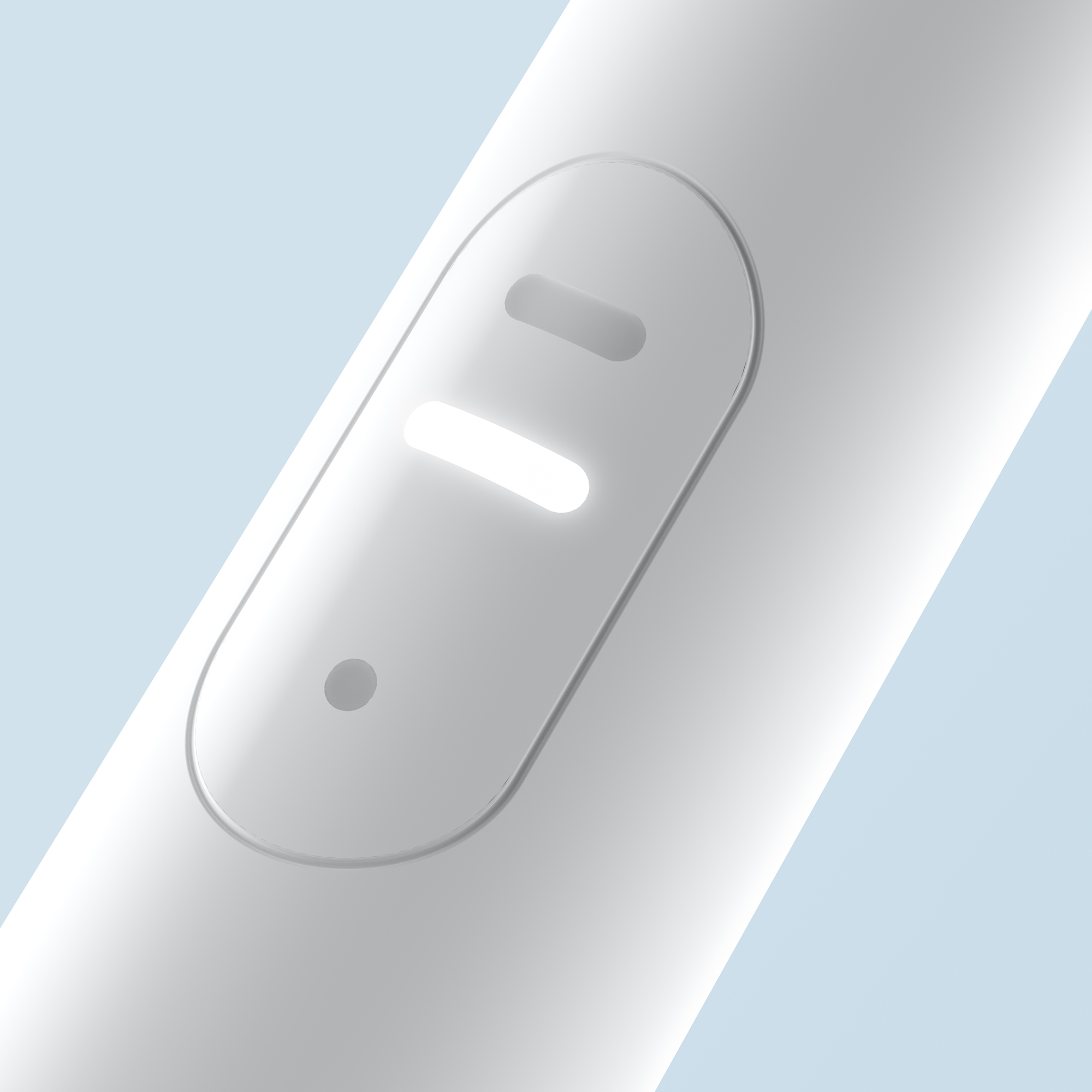 Primo piano di un dispositivo elettronico bianco con display ovale che mostra un simbolo a barra illuminato.