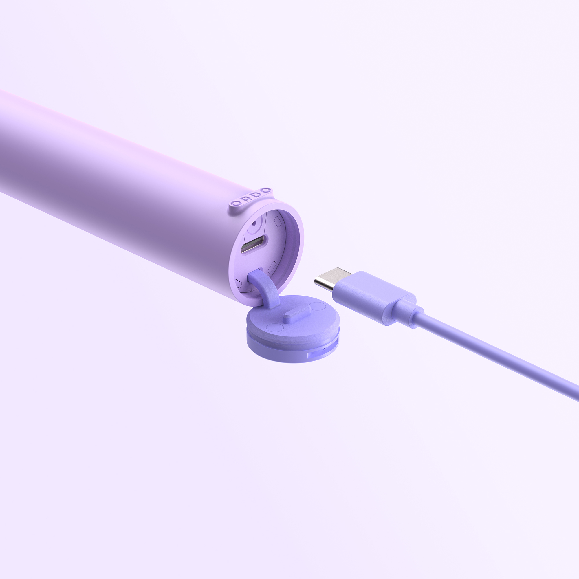Ein lila USB-C-Kabel nähert sich einem passenden lila Geräteanschluss vor hellem Hintergrund.
