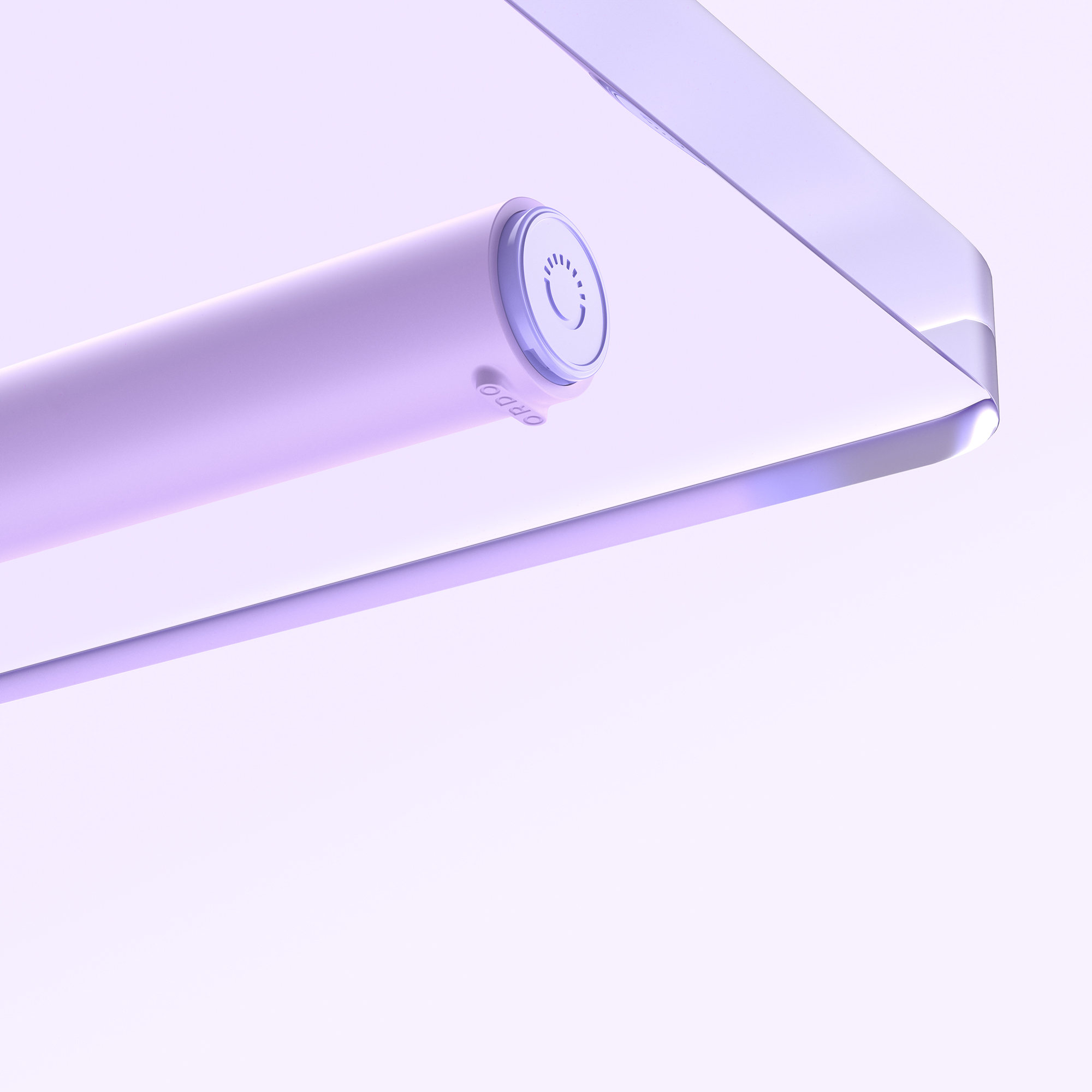 Ein pastellviolettes Objekt mit rundem Knopf und Schriftzug ORDO, unter einer durchsichtigen violetten Glasfläche.