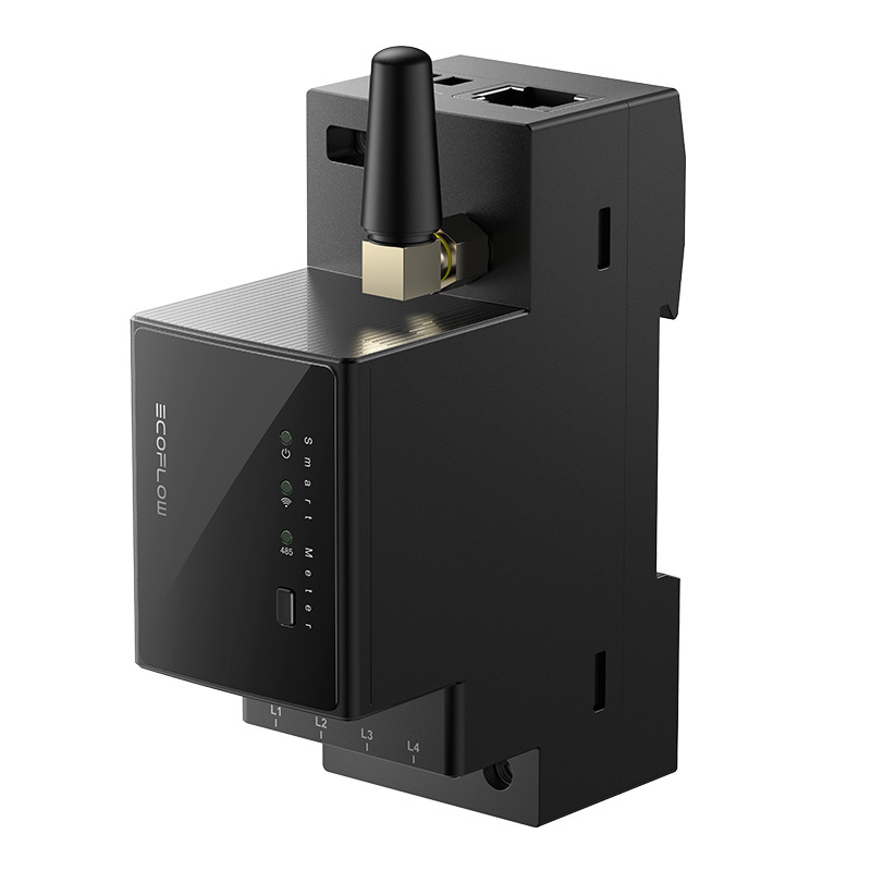 Dispositivo EcoFlow Smart Meter negro con antena y LEDs.