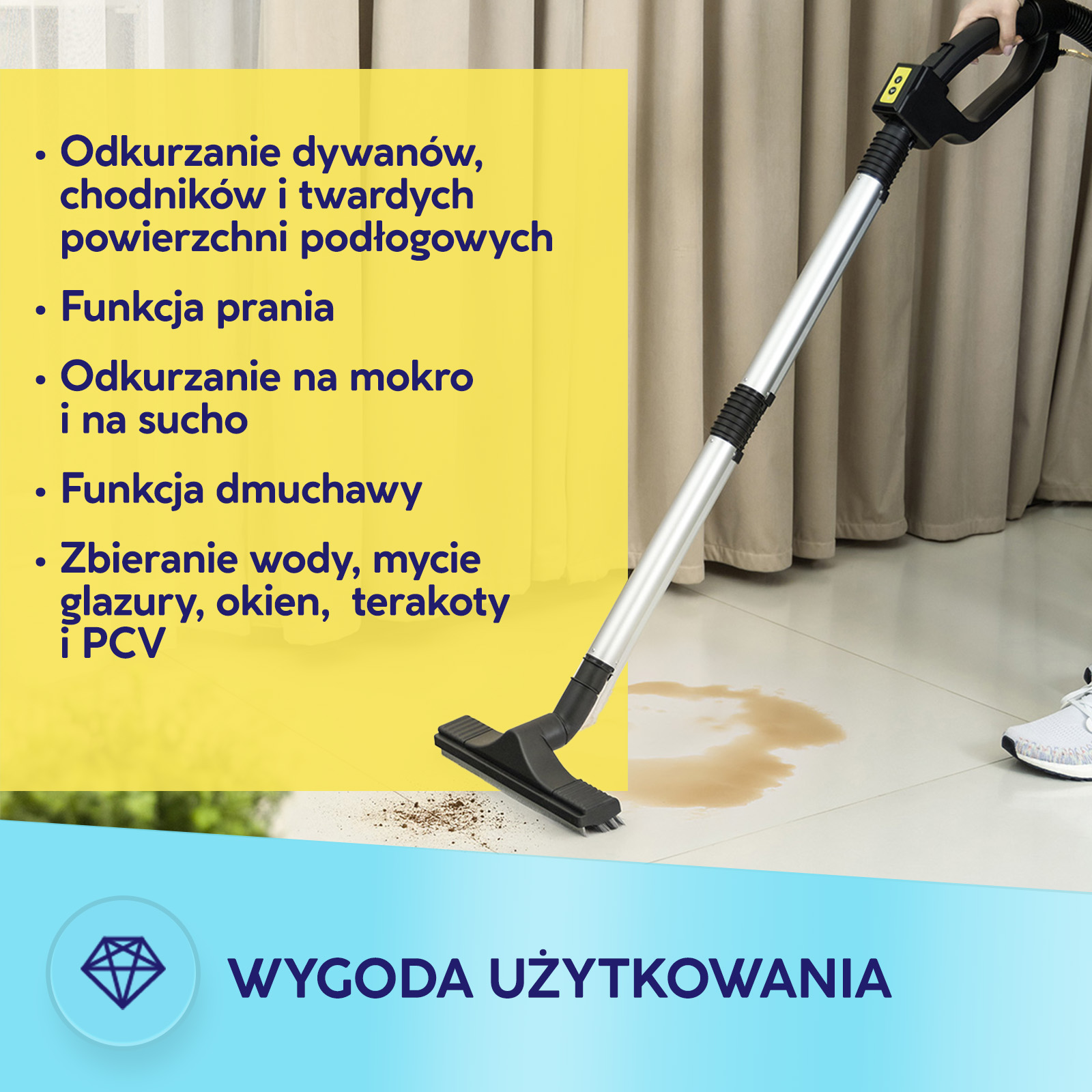 Odkurzaczy czyszczący brudną podłogę na tle żółtego baneru reklamowego.