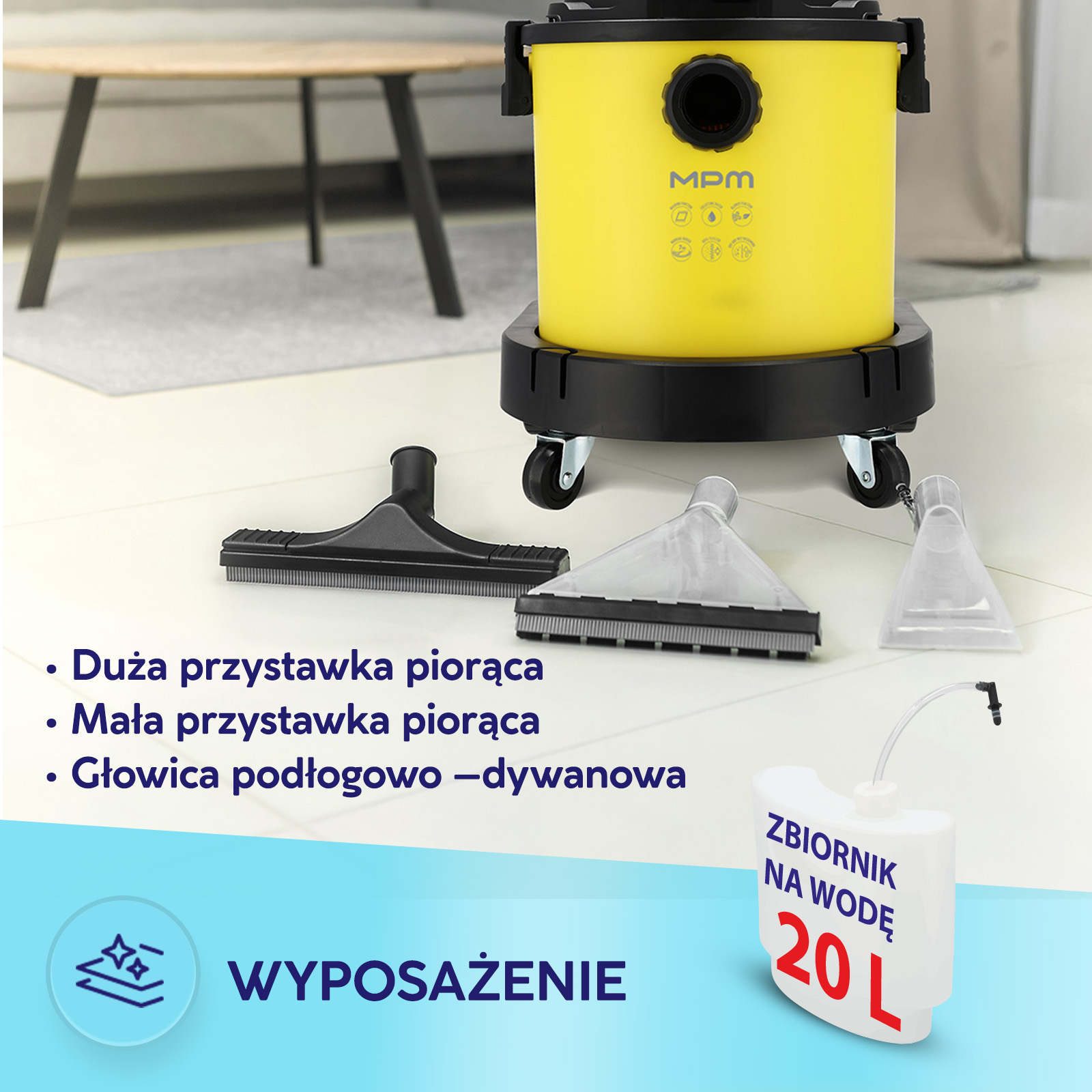 Żółty odkurzacz z akcesoriami i zbiornikiem na wodę 20L na białej podłodze.