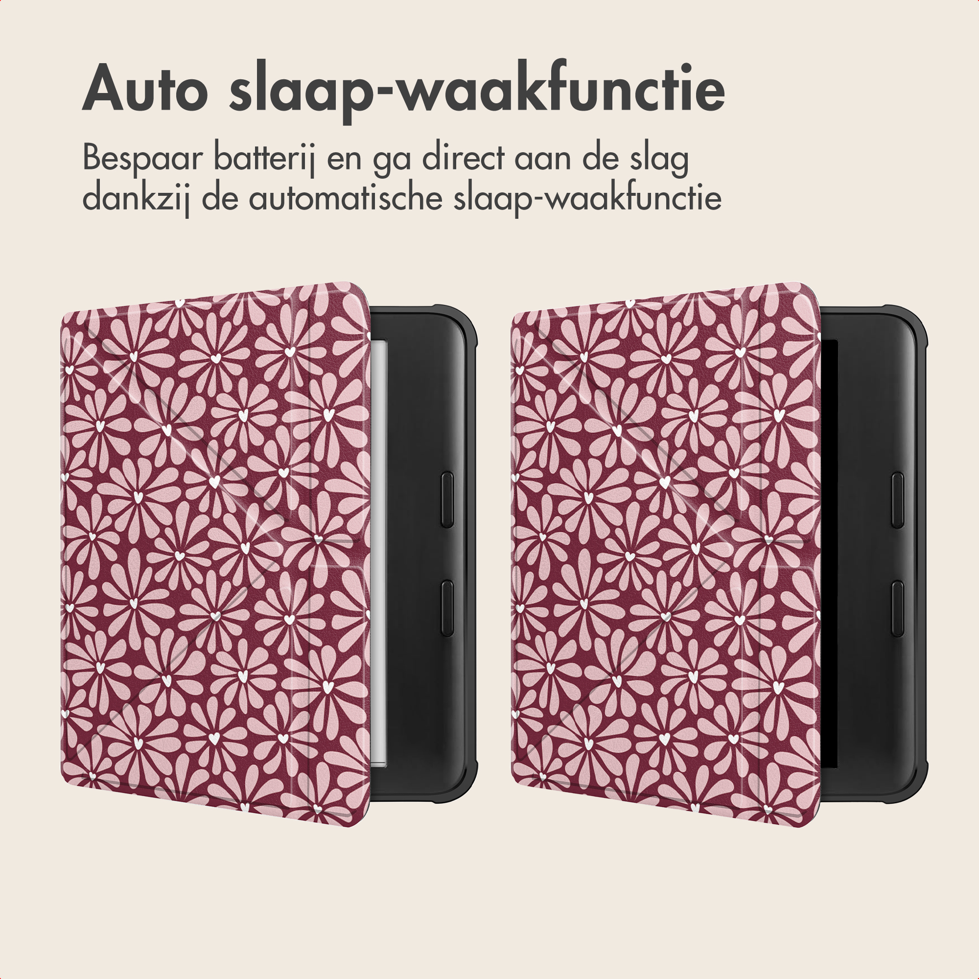 Twee e-readers met bordeaux-roze bloemenhoesjes en Nederlandse marketingtekst.