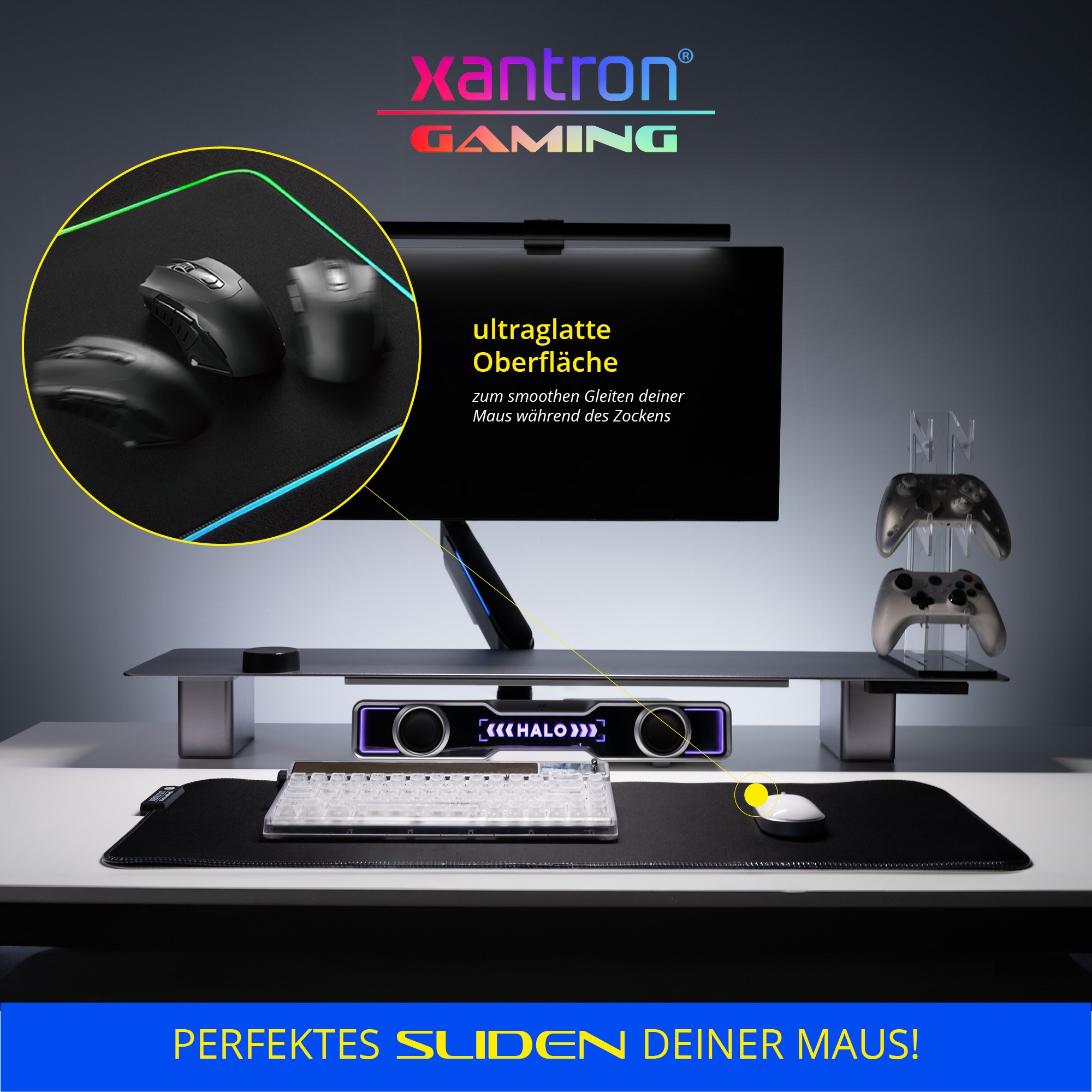 Gaming-Schreibtisch-Setup mit Monitor, Tastatur, Maus auf Pad, Soundbar und Nahansicht der Mausbewegung.