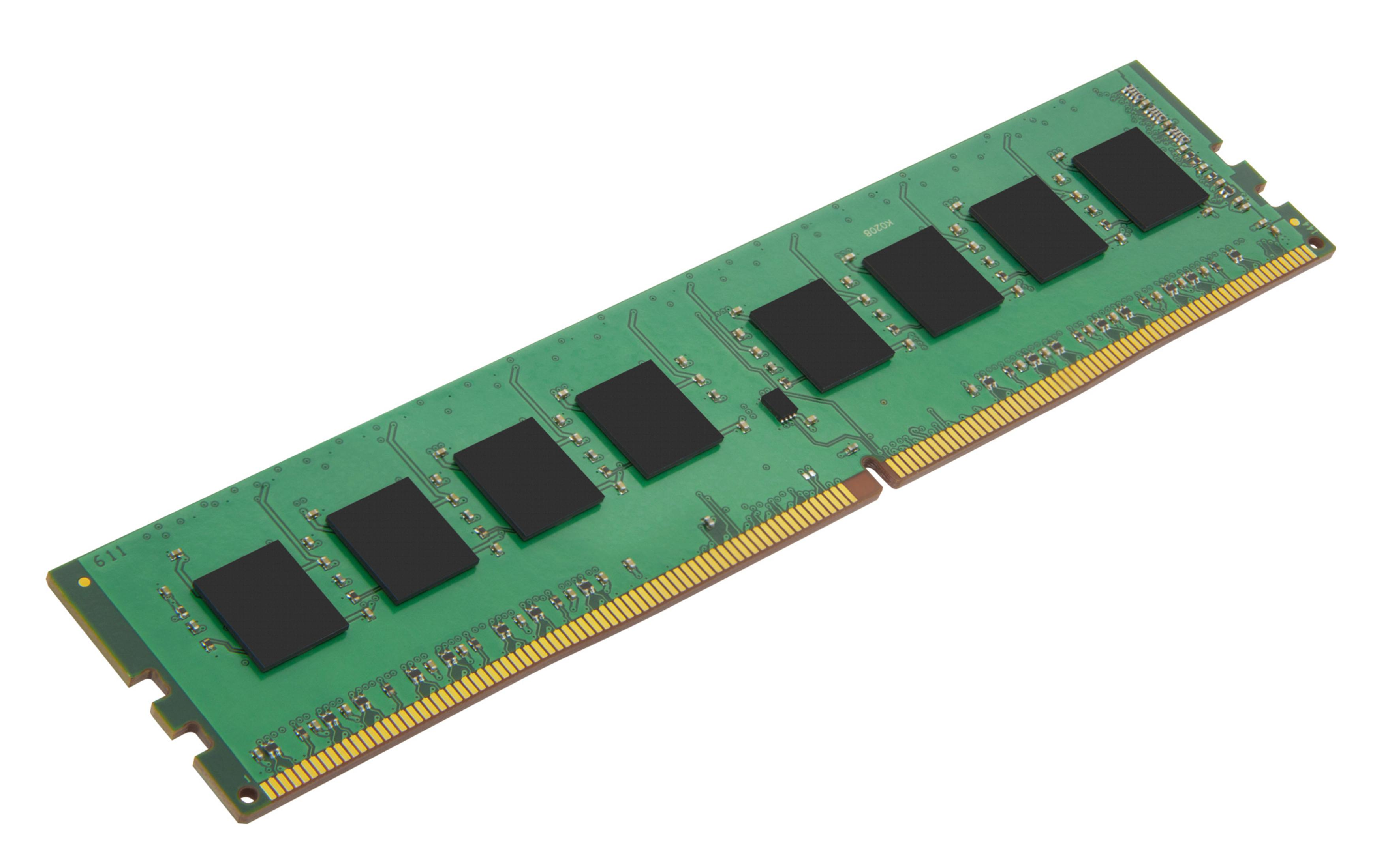 Grüner RAM-Speicherriegel mit schwarzen Chips auf weißem Hintergrund.