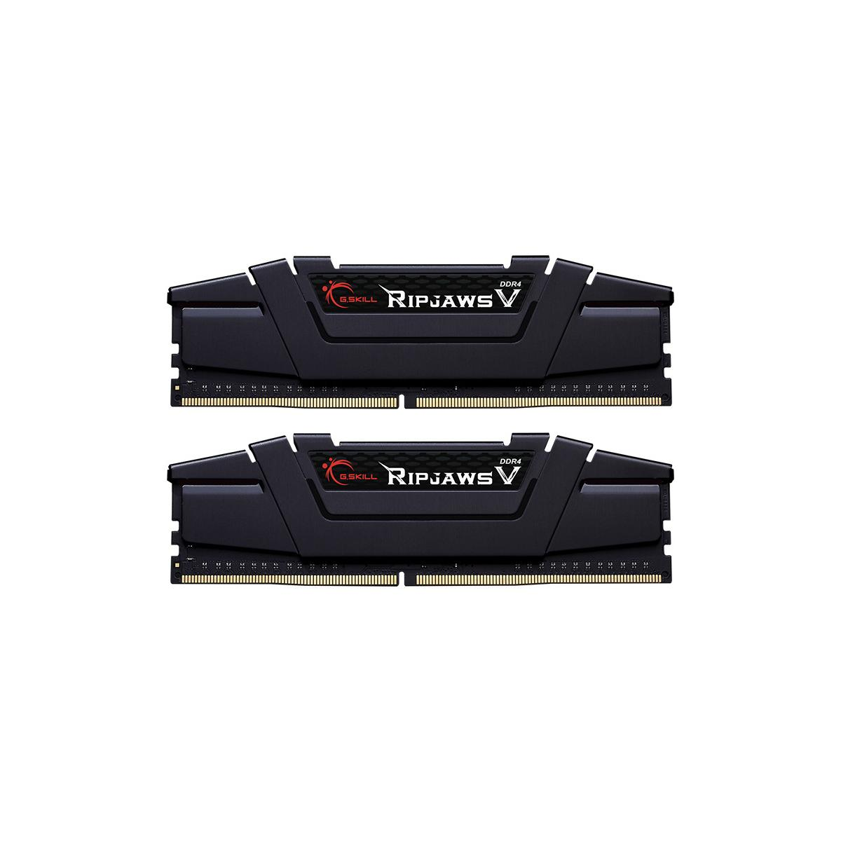 Dwa czarne moduły pamięci RAM DDR4 G.Skill Ripjaws V z radiatorami.