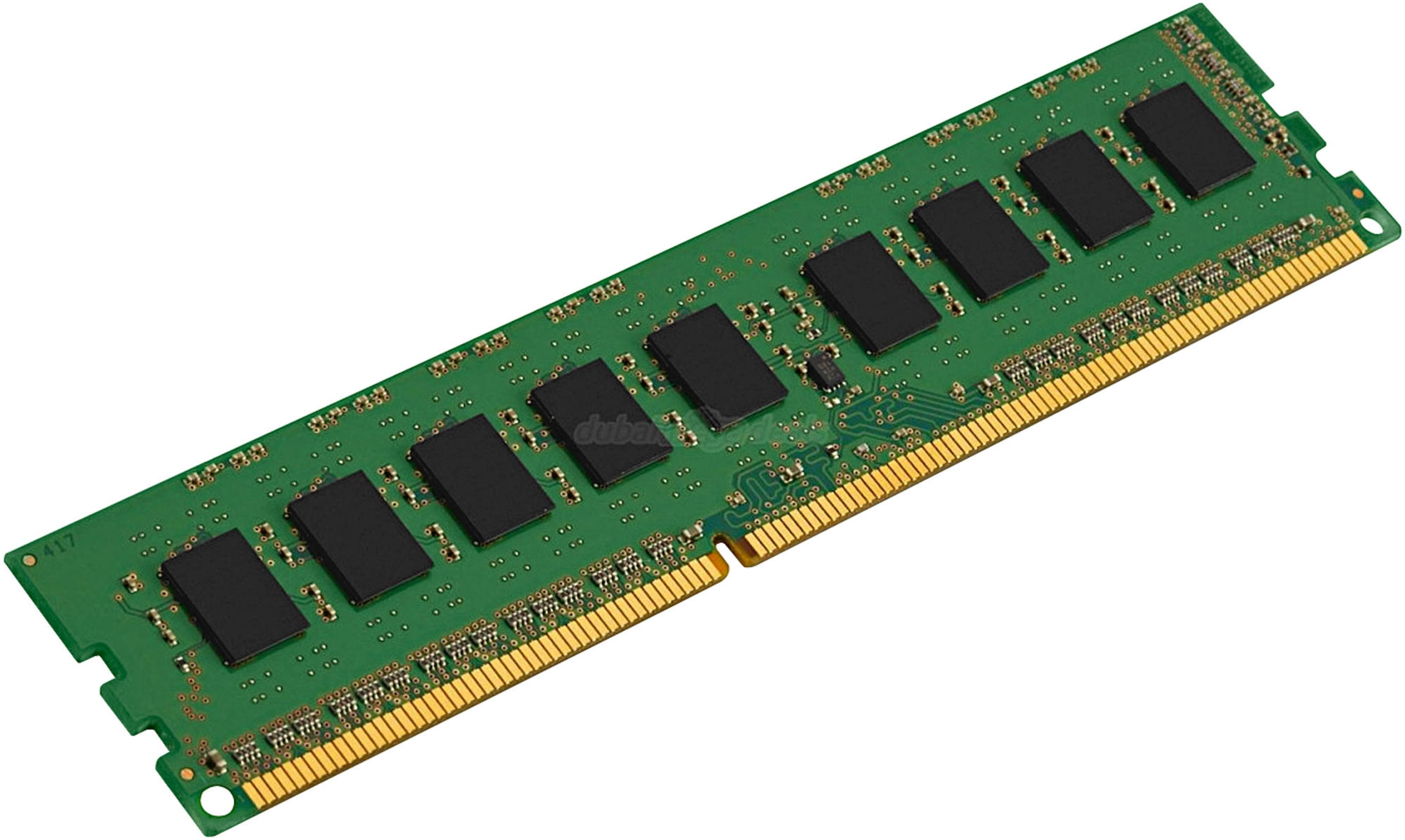 Un banco di RAM verde con chip neri e pin di contatto dorati.